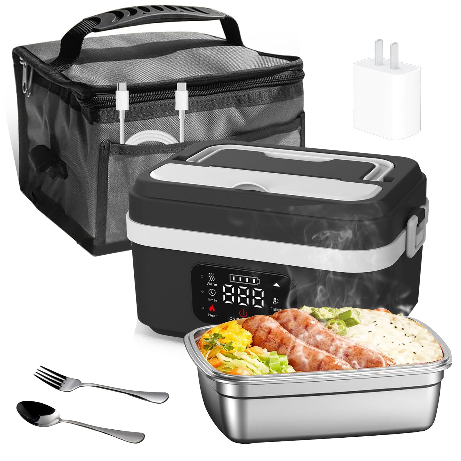 HAMON Tragbare Elektrische Lunchbox,1L Wiederaufladbar Selbstheizender Speisenwärmer mit Time,Isoliertasche Lunchbox für Erwachsene,Eheizbare Brotdose für Baustellen,Picknick,Büros(Black and white)