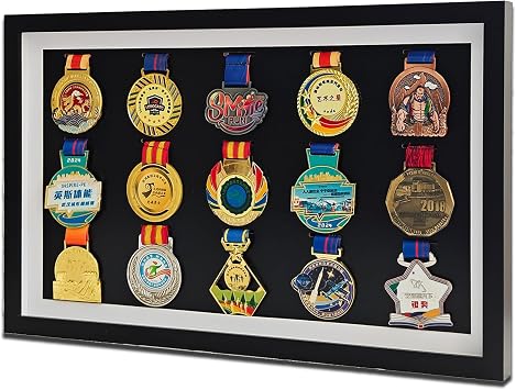 Marathon Medal Display, 15 Medals Display Case Shadow Box Frame | 21.7x13.4x1.2 in, Black, Solid Wood+Tempered Glass, Wall Mount, Large Medal Display Shadow Box for All Medal