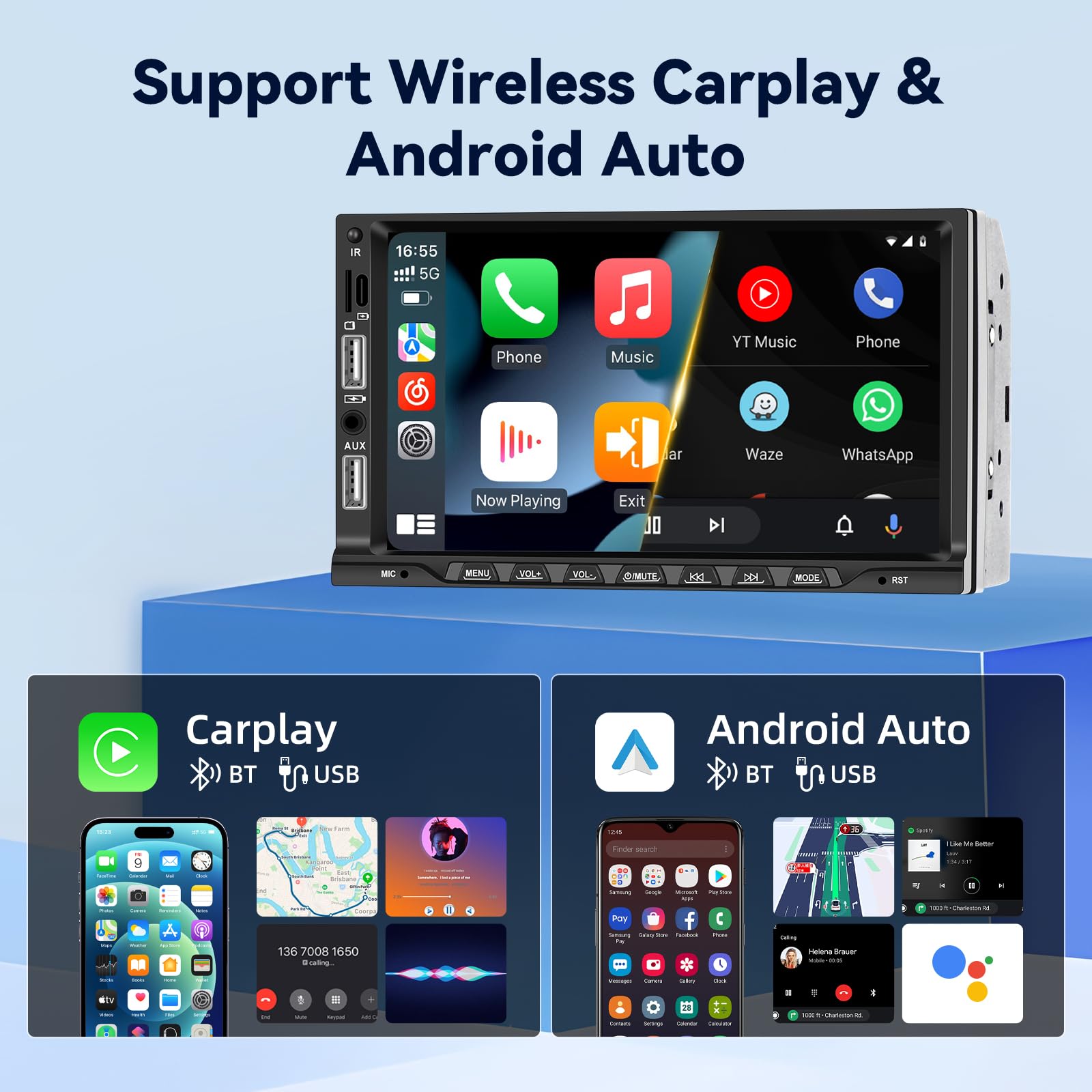 NHOPEEW Radio samochodowe 2 DIN z bezprzewodowym Carplay i Android Auto – 7 cali, 2 Din Raio, obsługa EQ FM, sterowanie kierownicą, 16 interfejsów użytkownika, wejście AUX SD, podwójne wejście USB +