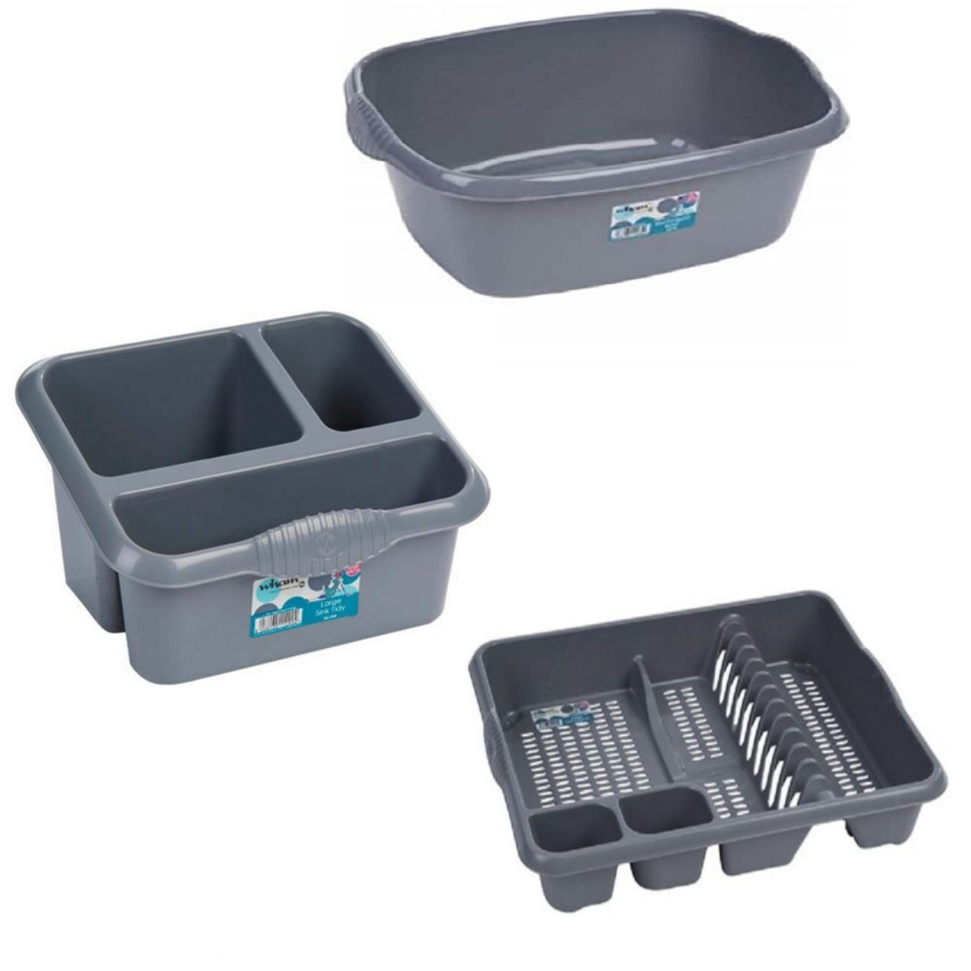 Galleries Plastic Large Kitchen Sink Set of 3 Rectangular Washing Up Bowl, Sink Tidy and Large Dish Drainer (Silver/Grey) — image 1