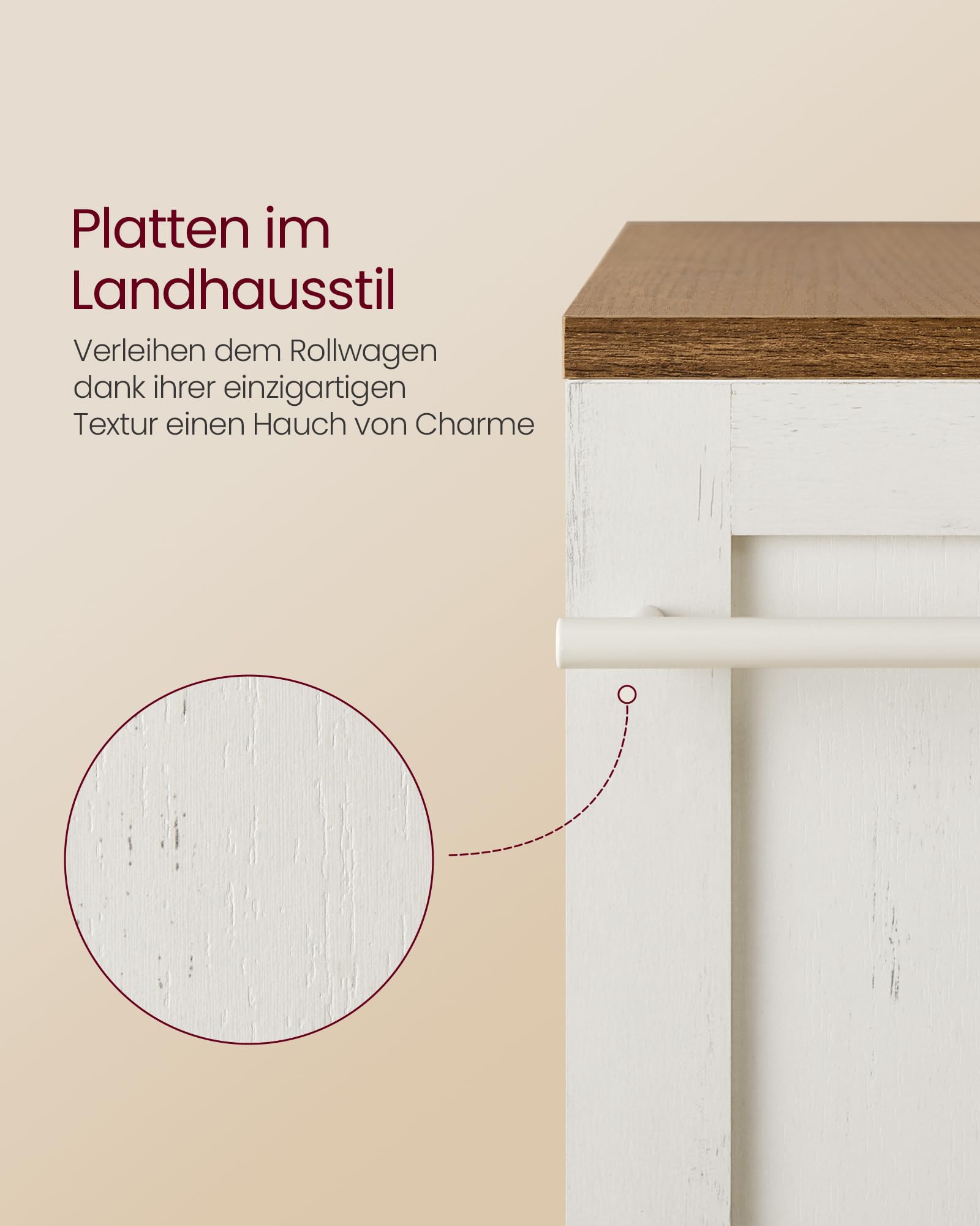 VASAGLE Rollwagen, Nischenregal aus Holz und Stahl, Schmaler Küchenwagen mit Rollen, Aufbewahrungswagen, 40 x 15 x 86,5 cm, Wolkenweiß und Erdbraun, für Küche, Bad, Siren Kollektion LRC050K01