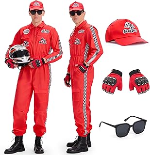 Déguisement Pilote de Course Homme, Ensemble de Combinaison Pilote Homme Costume Pilote de Voiture de Course Adulte avec Chapeaux, Gants et Lunettes de Soleil pour Carnaval