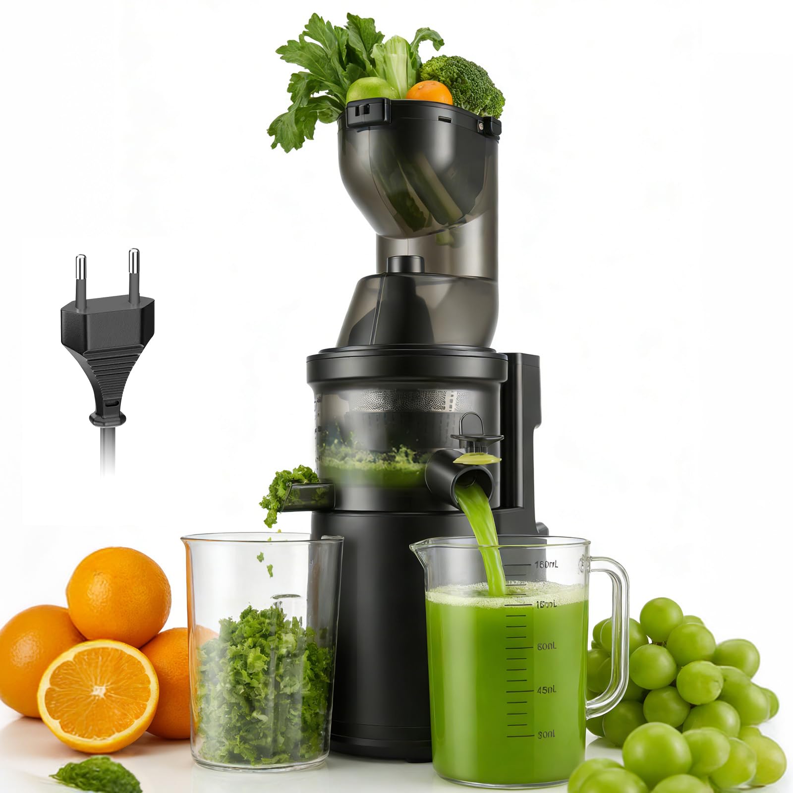 Spremiagrumi a Lenta Estrazione 500W, Spremitore Elettrico con Bocca di Alimentazione Larga 125mm,Estrattore di Succo per Verdura e Frutta,Top per Frutta Intera e Verdura,Senza BPA,Nero
