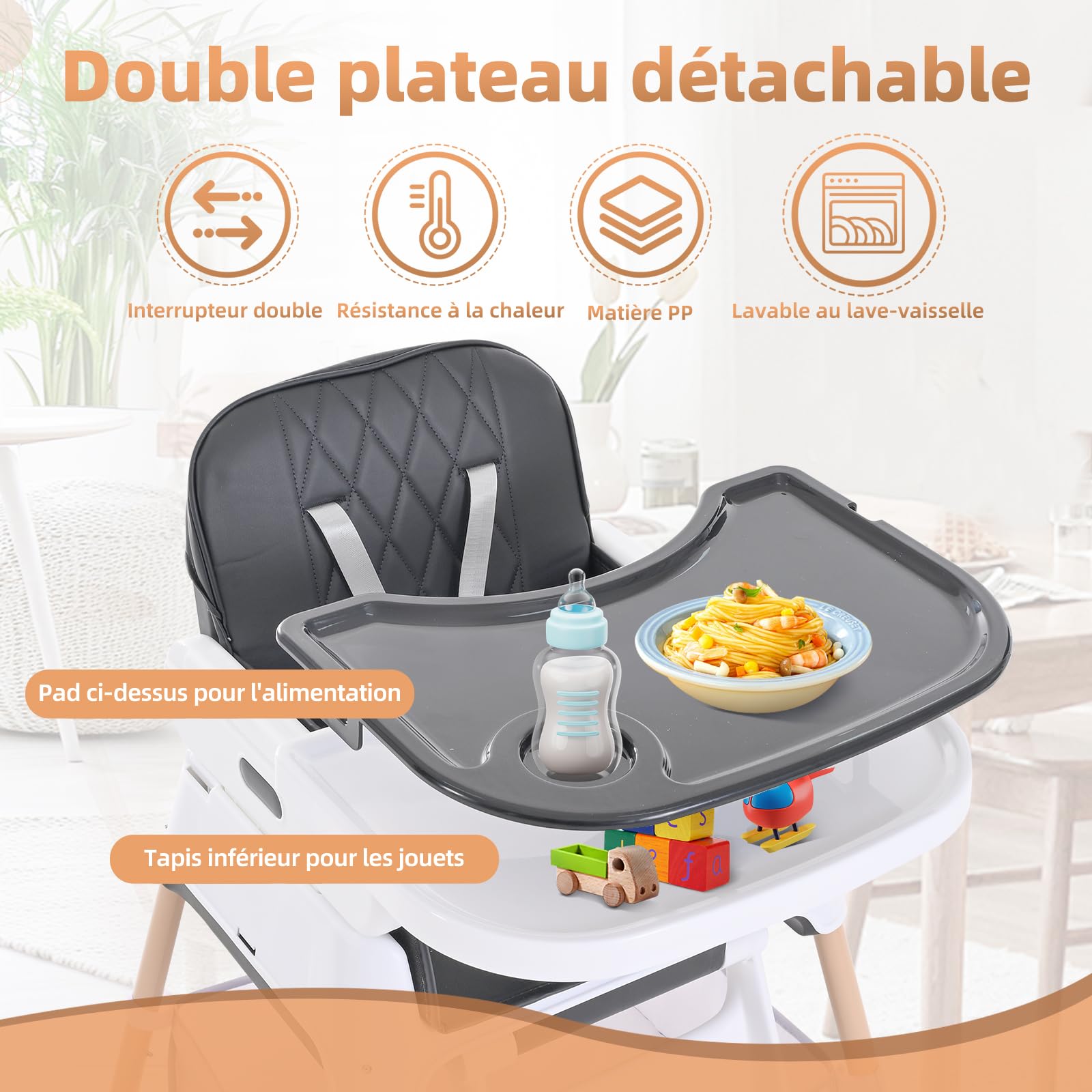 Chaise Haute Bébé, Chaise Enfant 3 en 1 Cabriolet et Réglable, D'alimentation Rehausseur Chaise Enfant Portatif Compactes pour Bébé, de 6 Mois à 3 Ans (Gris)