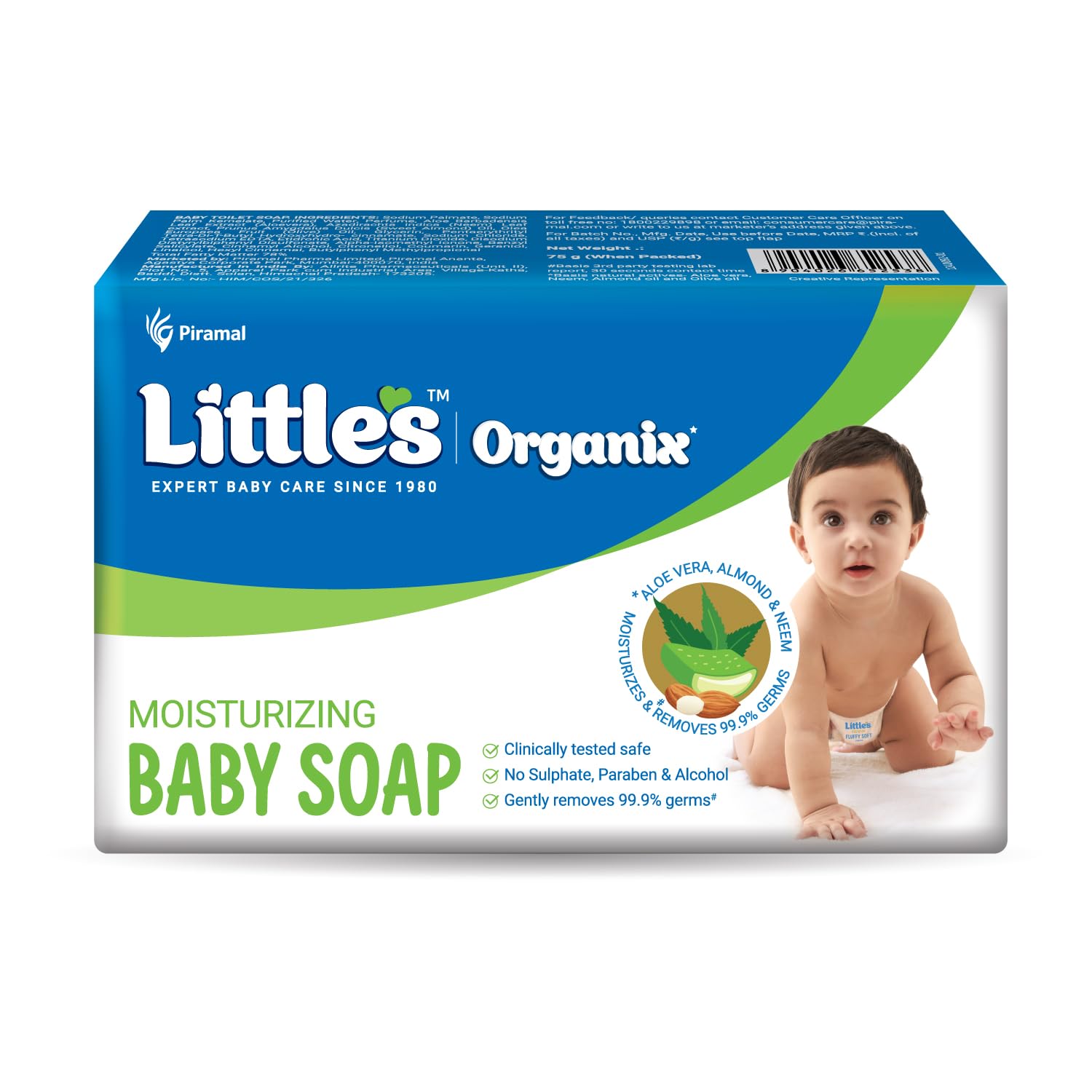 Little'S Organix Moisturizing Baby Soap |75g (Pack Of 5)| Gentle Bathing Bar Soap with Organic Almond Oil, Olive Oil, Aloe Vera & Neem for Baby's Sensitive Skin | Protetcs From 99.9% Germs | Kids Soap-image-27