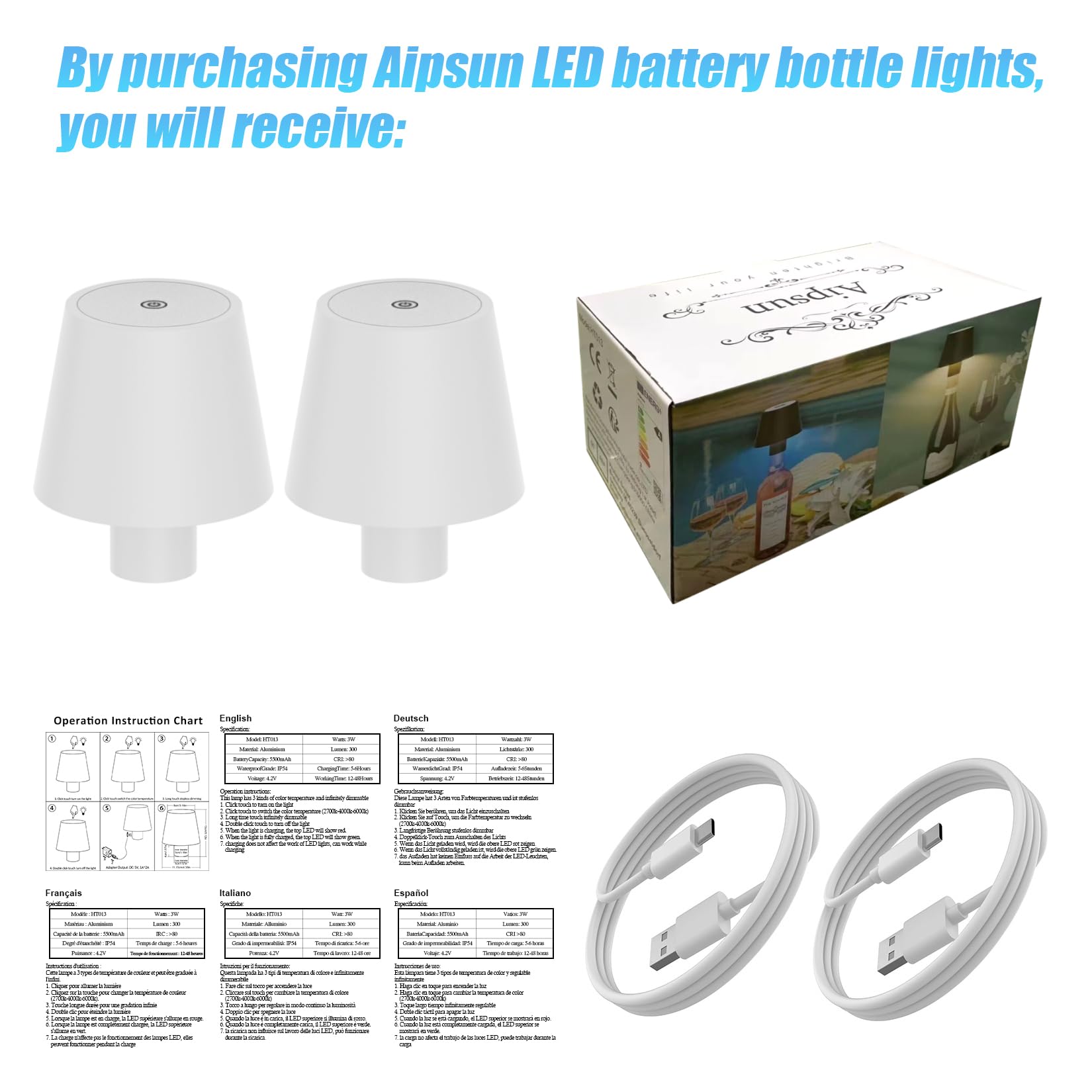 Aipsun Lampe Bouteille LED Rechargeable 2 Pièces, 5500mAh, 3W, IP54, 3000K-6000K, Aluminium, Dimmable pour Jardin Bar Restaurant (Blanc)
