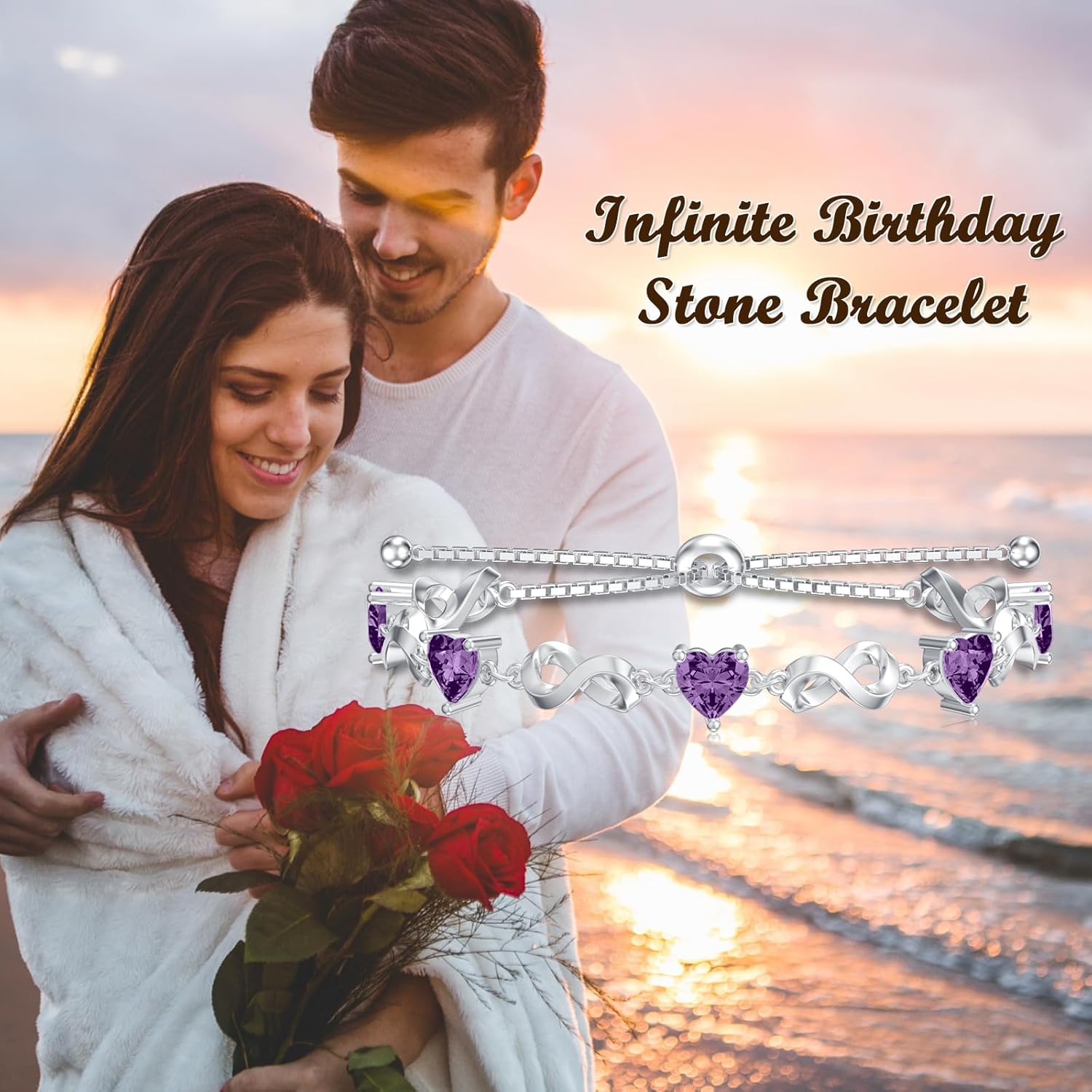 Valentine Infinity Love Heart Birthstone Bracelet 925 Sterling Silver Birthday 12 Gemstones Adjustable Bracelets Jewelry for Women (Gift Box) - Image 7
