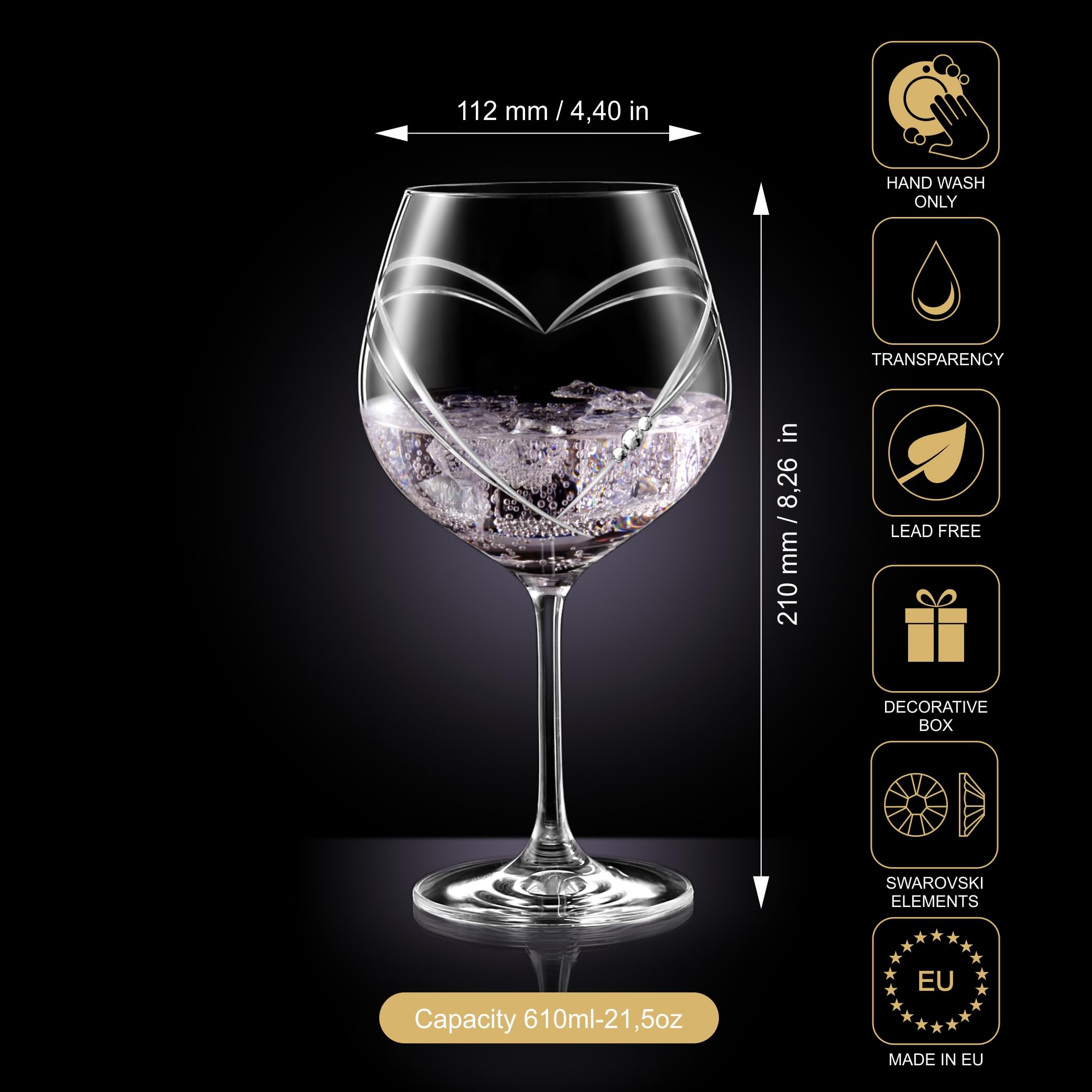 Heart in Heart Gin - Set di 2 bicchieri da gin tonic con cristalli Swarovski e motivo a cuore spazzolato a mano, perfetti come regalo di matrimonio o fidanzamento