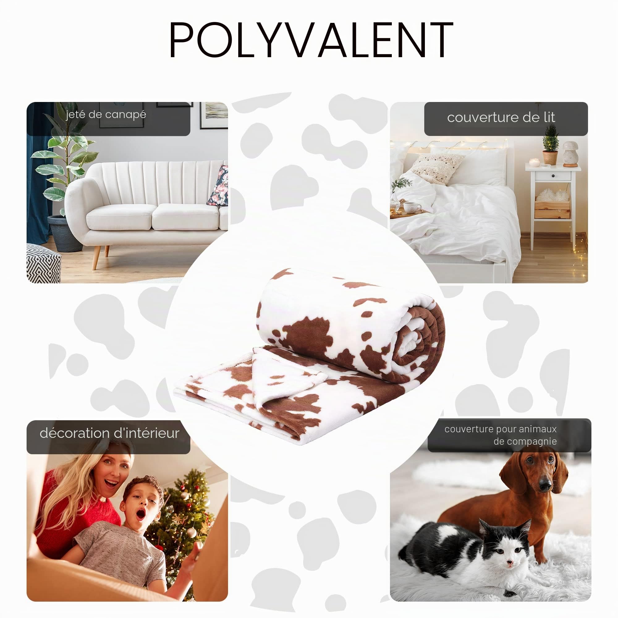 PiccoCasa Couverture imprimée de Vache, Douce 300 g/m², en Flanelle, légère, Mignonne et Confortable, Texture de Vache Chaude, pour canapé, lit, Bureau, Marron, 150 x 200 cm