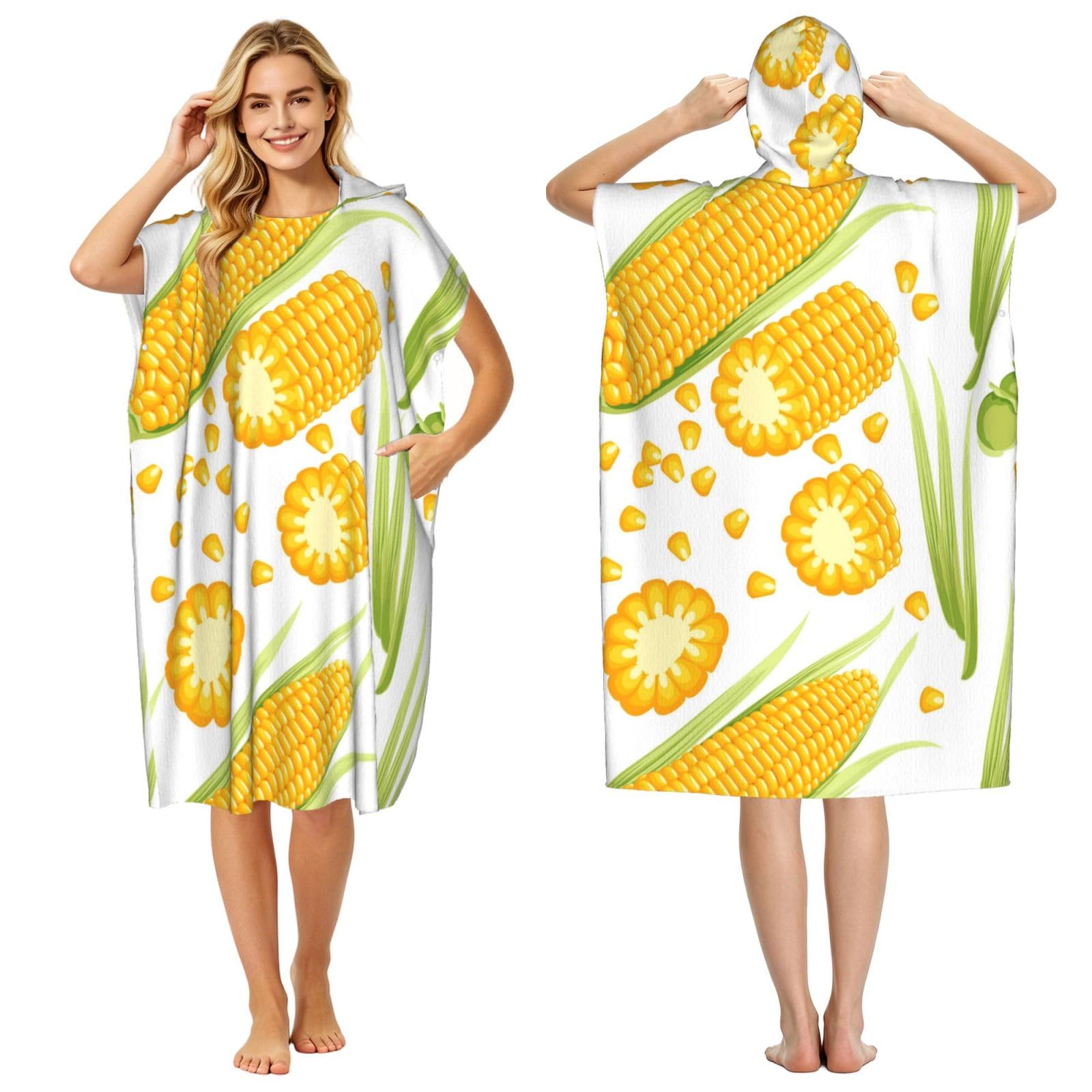Poadnly Fresh Ripe Corn Cobs Pattern, Adult Hooded Beach Towel 90 x 110 cm,Changing Bath Robe, Surf Poncho Towel For Women Men
