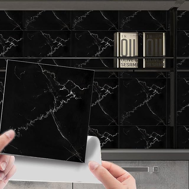 Fantasnight Tile Stickers Black Marble Stick on Tiles 20cm x 20cm PVC Waterproof Self Adhesive Wall Stickers for Kitchen Bathroom Backsplash Wallpaper Cover Peel and Stick Decor 20Pcs
