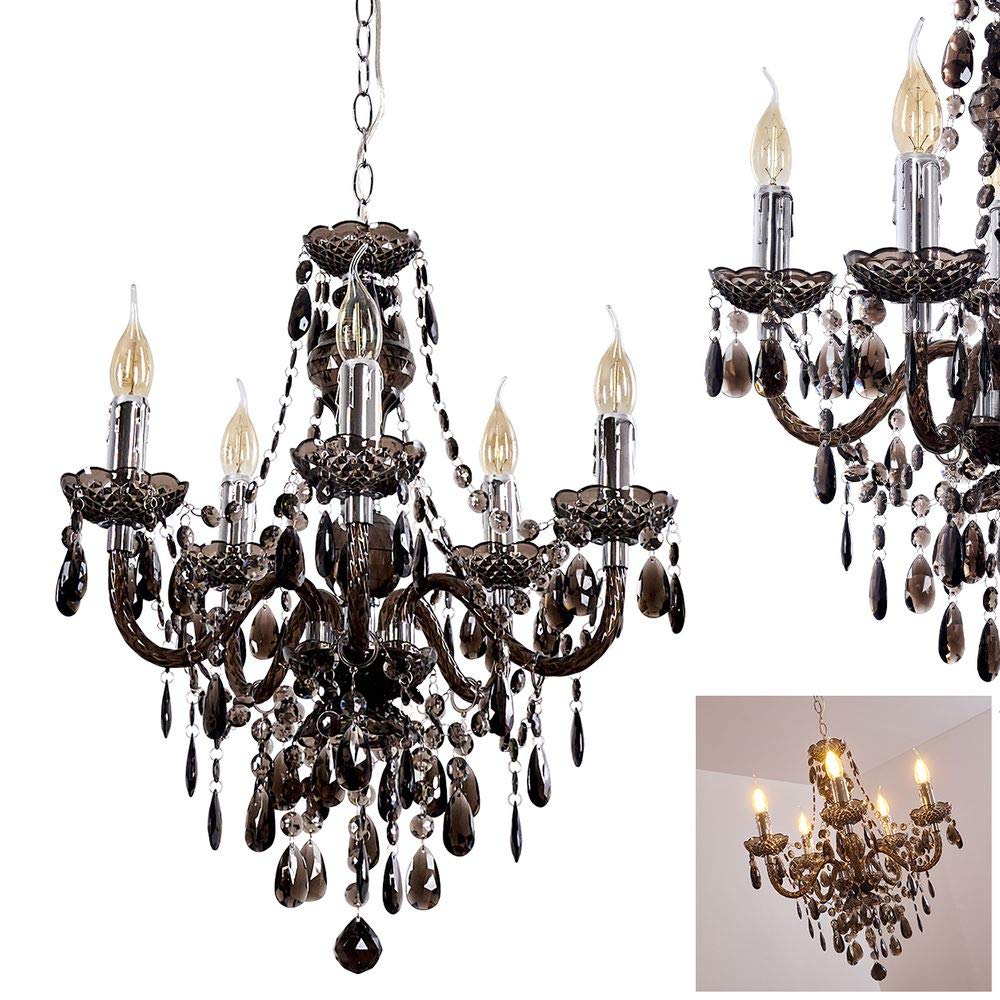 Kronleuchter Delhi aus Metall in Schwarz, Hängelampe 5-flammig, 5 x E14, klassische Pendelleuchte mit Zierkristallen, Vintage/Retro Design, ohne Leuchtmittel,