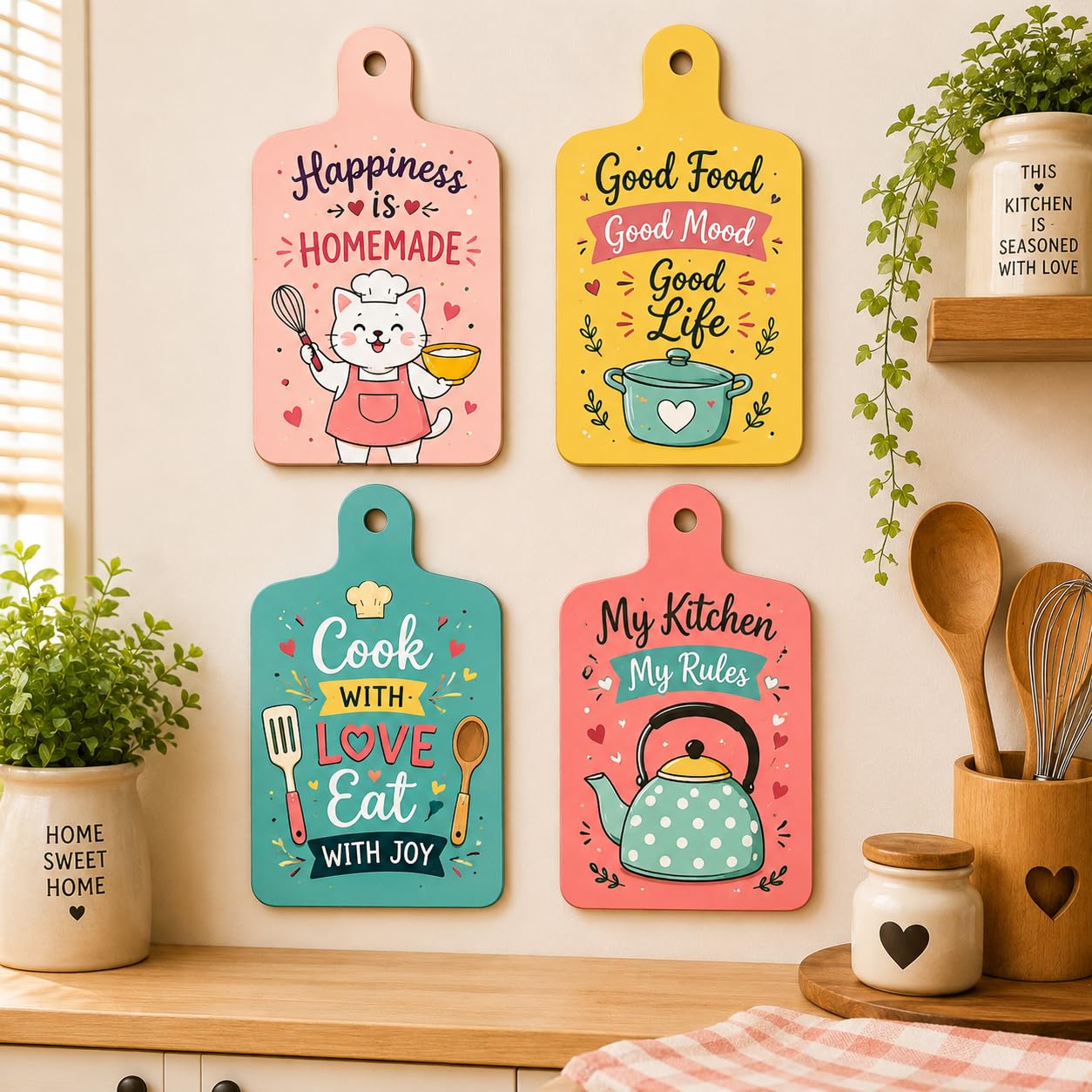 Gladtogift Set of 4 Wooden Kitchen Wall Decor Signs | Cute Cutting Board Shape Wall Hanging | Colorful Kitchen Quotes MDF Wall Art | Farmhouse Kitchen Decoration for Home, Cafe & Dining Area-image-17