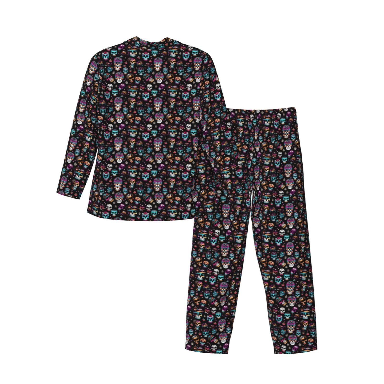 Sugar and Skulls Herren-Pyjama-Set, langärmelig, zweiteilig, Hauskleidung, bequeme Nachtwäsche, Nachtwäsche