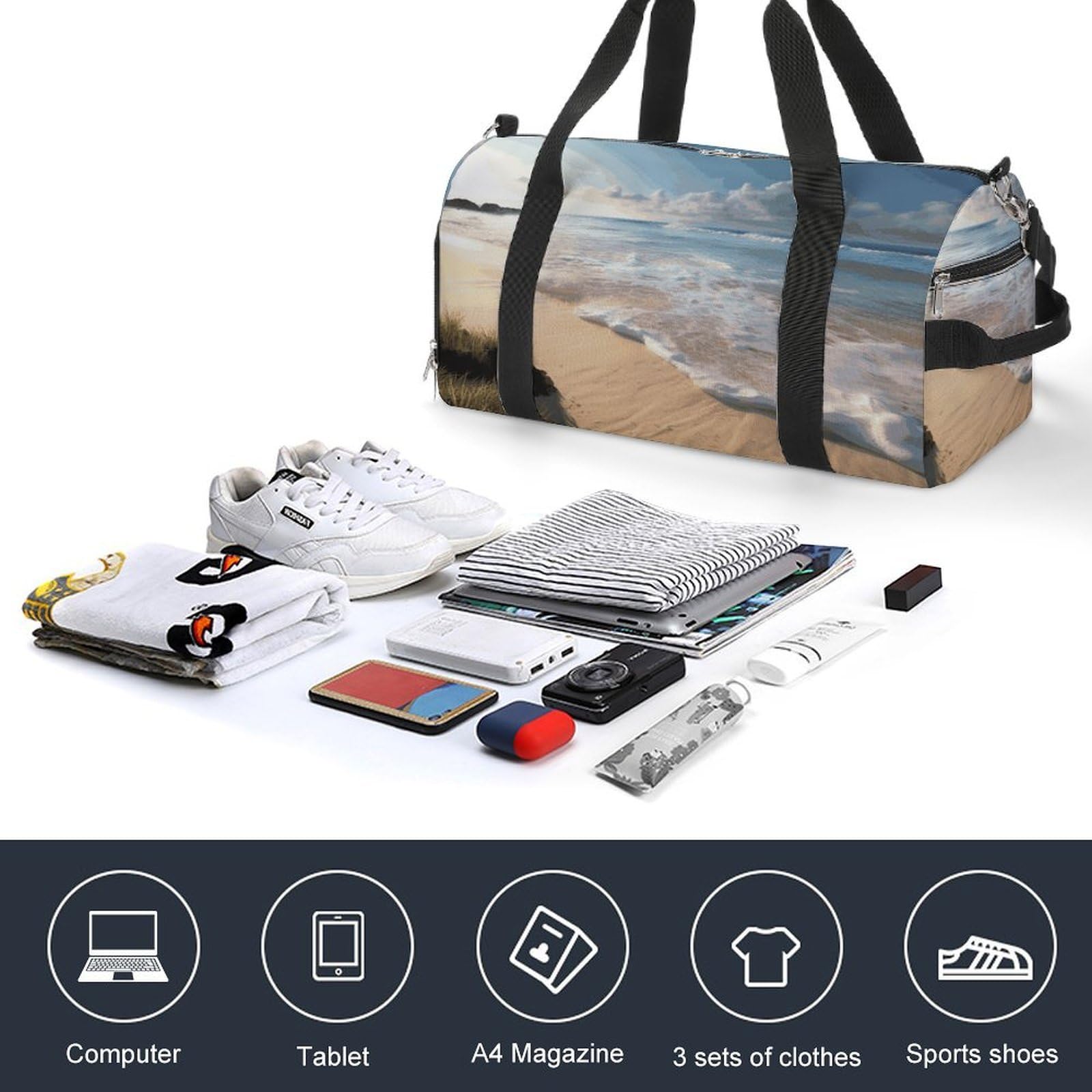 Serene Coastal - Bolsa de gimnasio ligera, bolsa de viaje con compartimento para zapatos, bolsa de gimnasio para mujer, para pasar la noche, fin de semana, yoga, gimnasio, viajes de negocios, deportes