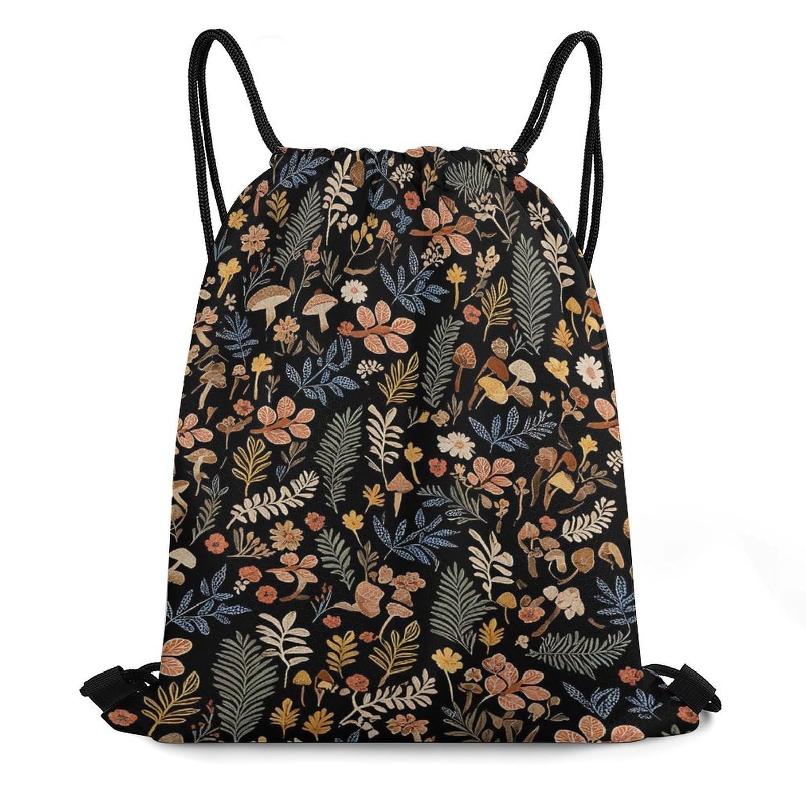 CASOWAT Boho Black Floral Drawstring Backpack, Lightweight Daypack for Men Women Fit Travel, Sports, Gym, Travel And Beach 16x14 IN