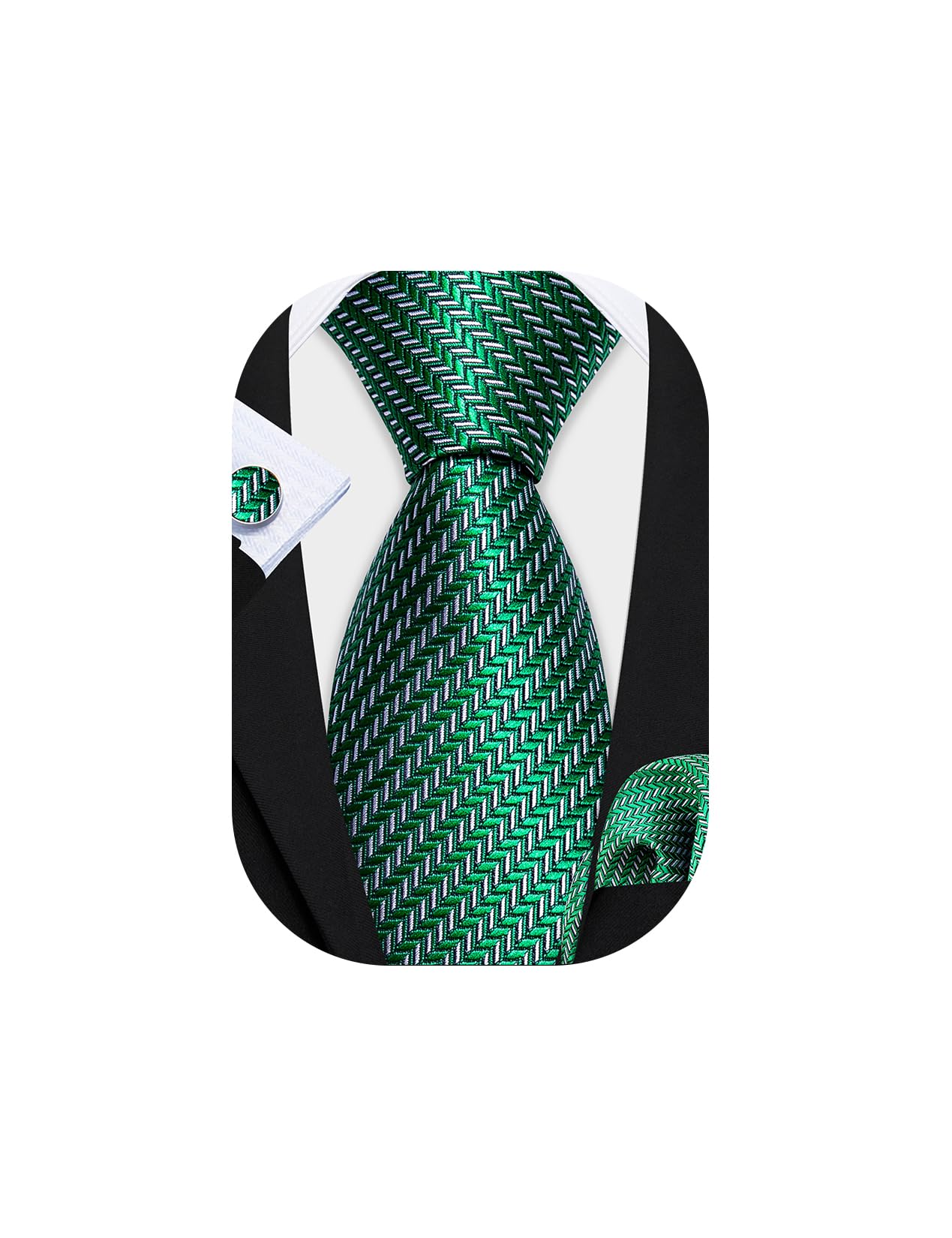 Barry.Wang Juego de corbata a cuadros para hombre, pañuelo a cuadros, juego de gemelos, formal, negocios, boda, Verde esmeralda., Taille unique