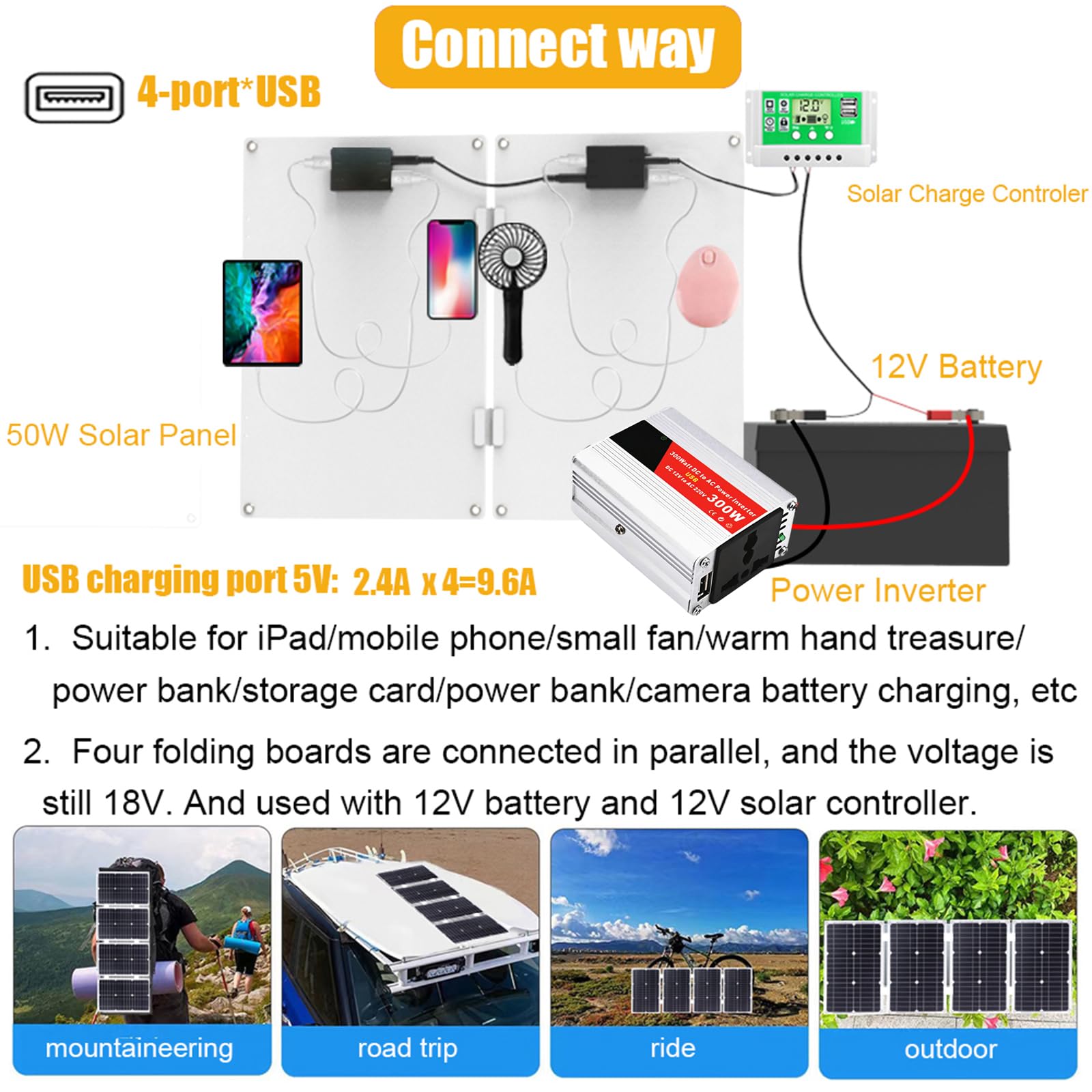 Zestaw 1 panelu słonecznego 300 W Off-Grid z kontrolerem i falownikiem 50 A do kamperów, łodzi i wypraw kempingowych(50W)