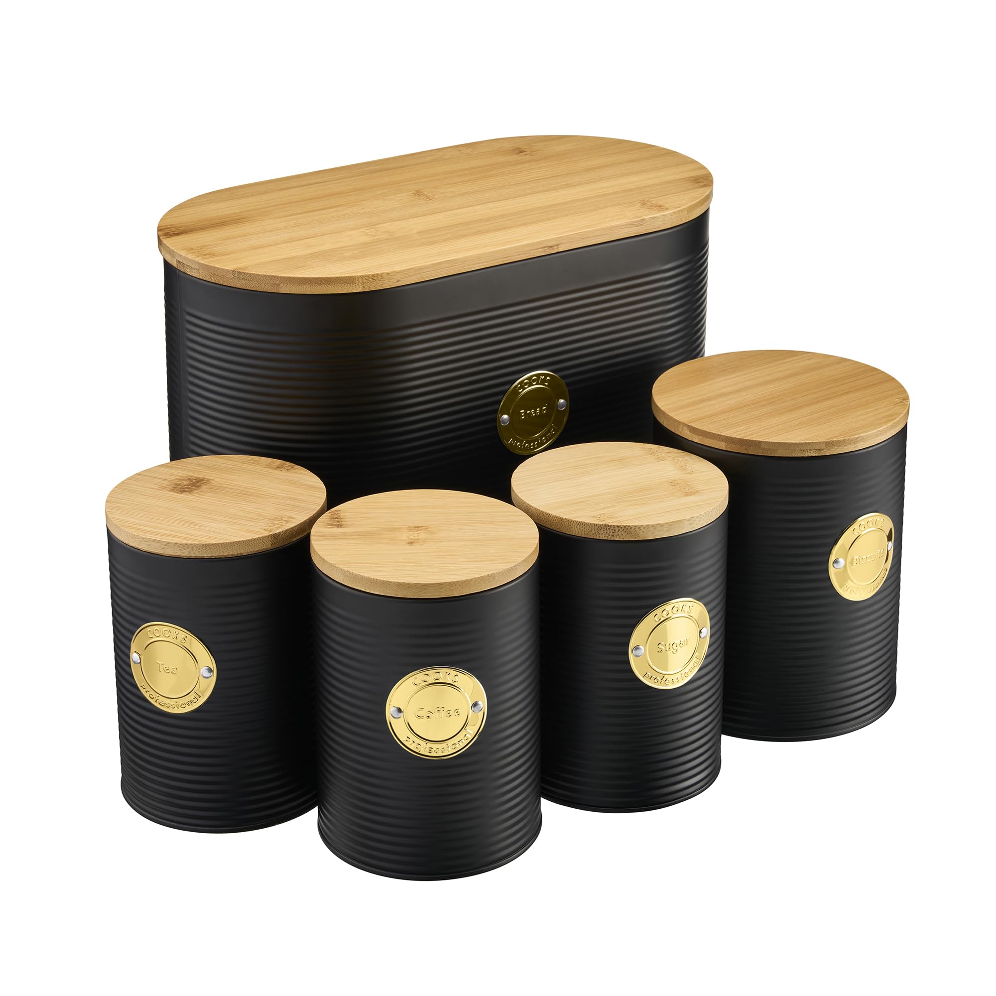 Cooks Professional 5 Piece Ribbed Tea Coffee Sugar Bread & Biscuit Cannisters with Air-Tight Bamboo Lids | Stainless Steel Kitchen Storage Bin Set | Modern & Stylish | Black & Gold โ image 1