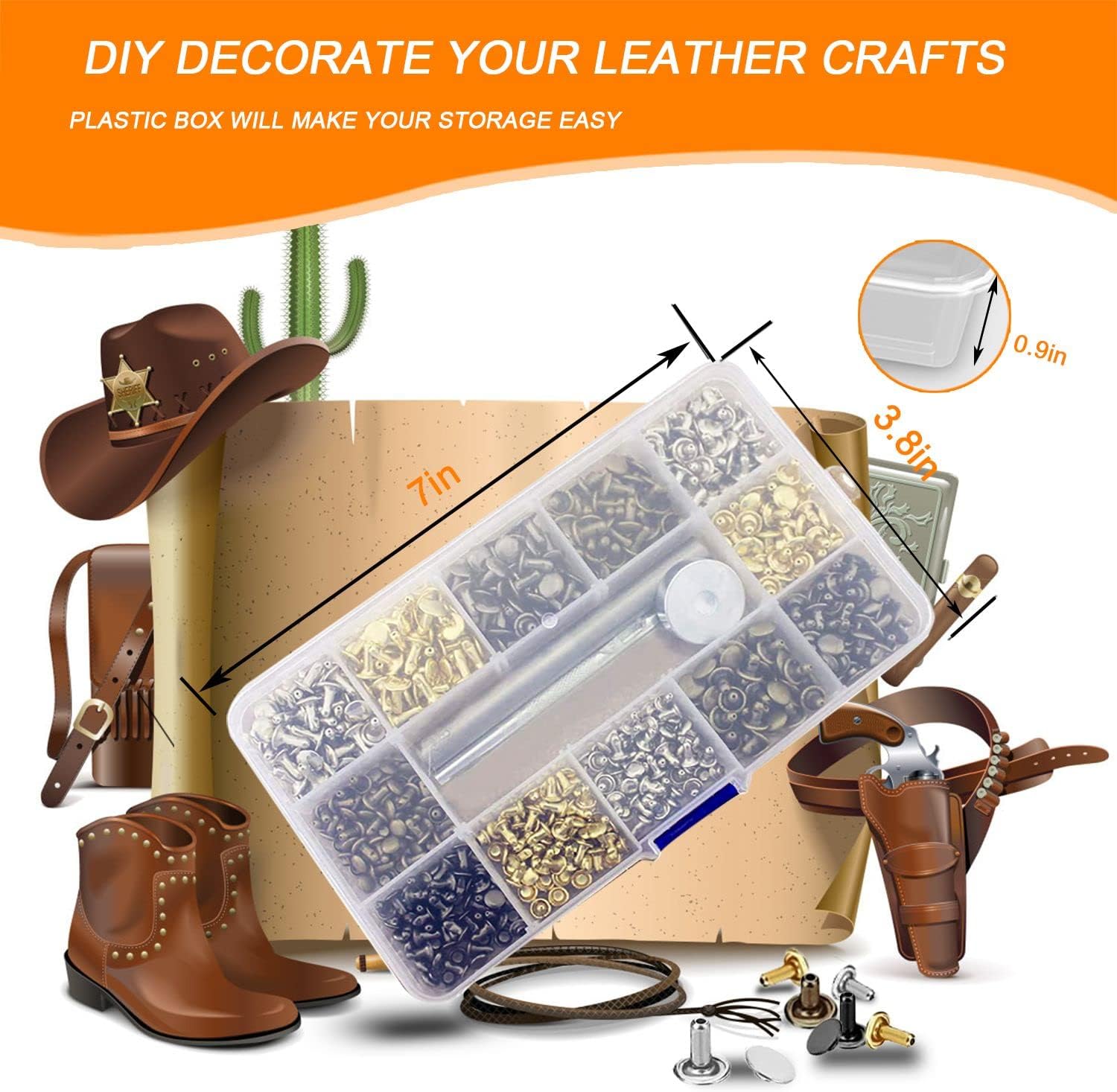 240 Sets Leather Rivets, Double Cap Rivet Tubular - 4 Colors 3 Size Metal Studs Brass Rivets with Setting Tool Kit for Leather Craft/Shoes/Bags/Clothes/Belts Repair Decoration