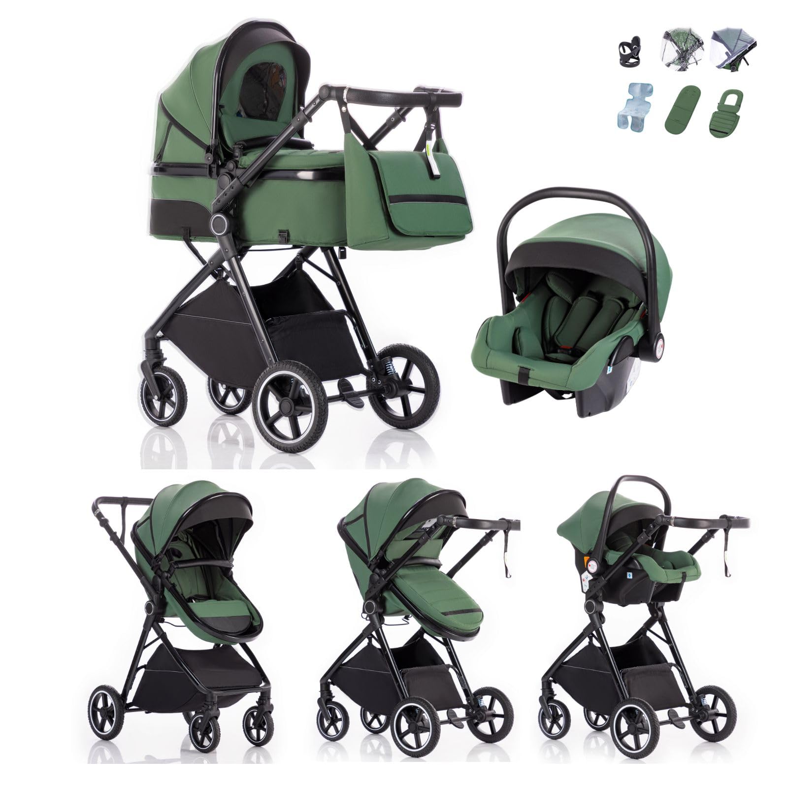 Cochecito 3 en 1 con Silla de Coche, Carrito bebé Plegable, Manillar 7 Alturas, Suspensión 4 Ruedas, Funda de Lluvia y Mosquitera, Sistema de Viaje para Recién Nacidos 0-3 Años (15kg)