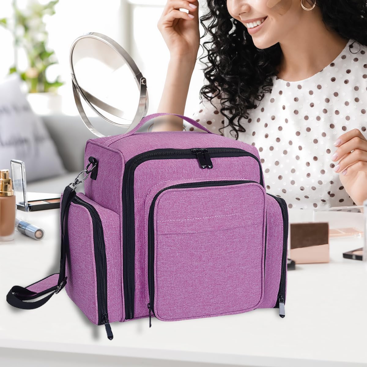 Large Makeup Bag Cosmetic Case Organizer with 3 Inner Removable Pouches Multifunctional Travel Train Storage,Purple