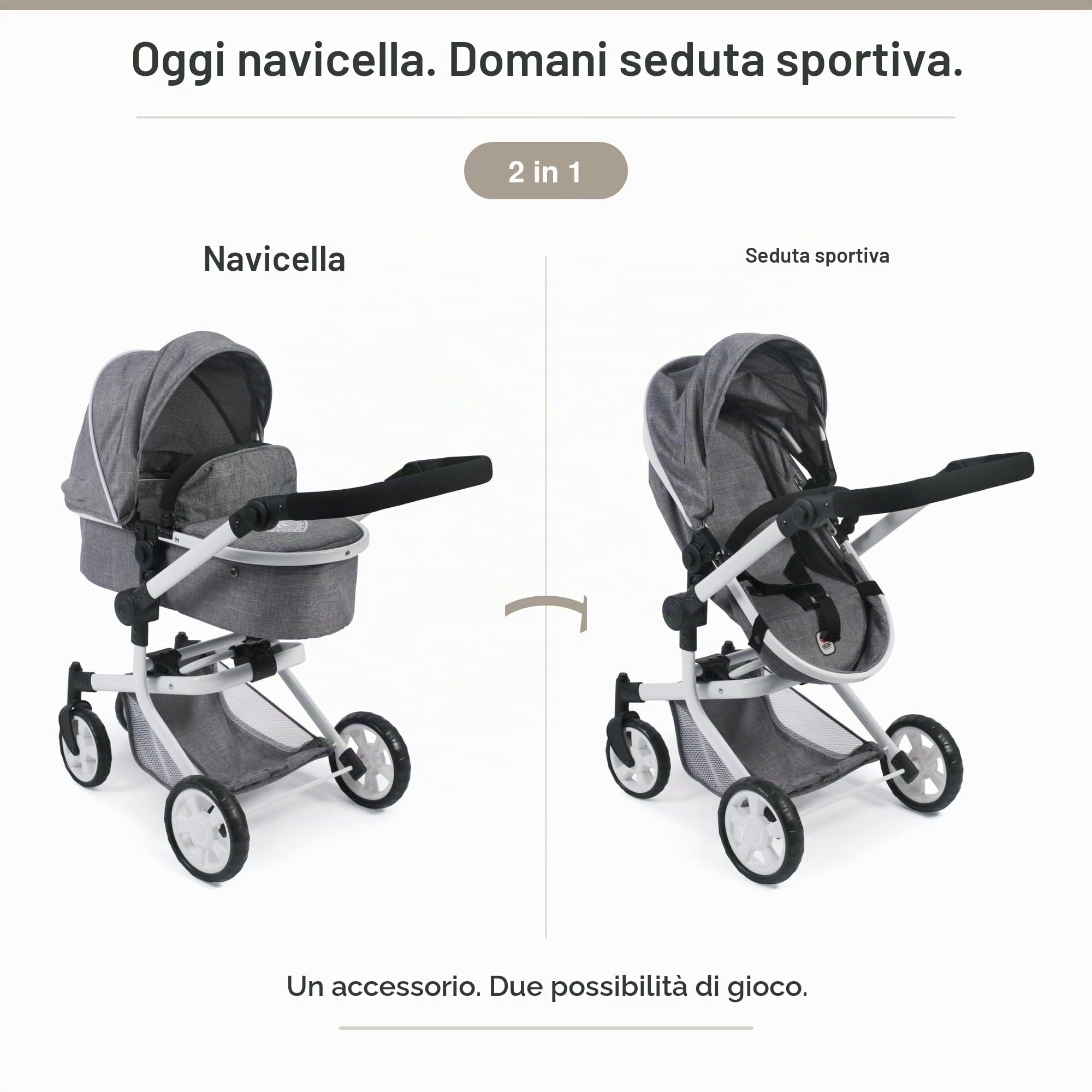 Bayer Chic 2000 - Passeggino per bambole Mika, 2 in 1 per bambini da 4 a 8 anni, jeans grigio