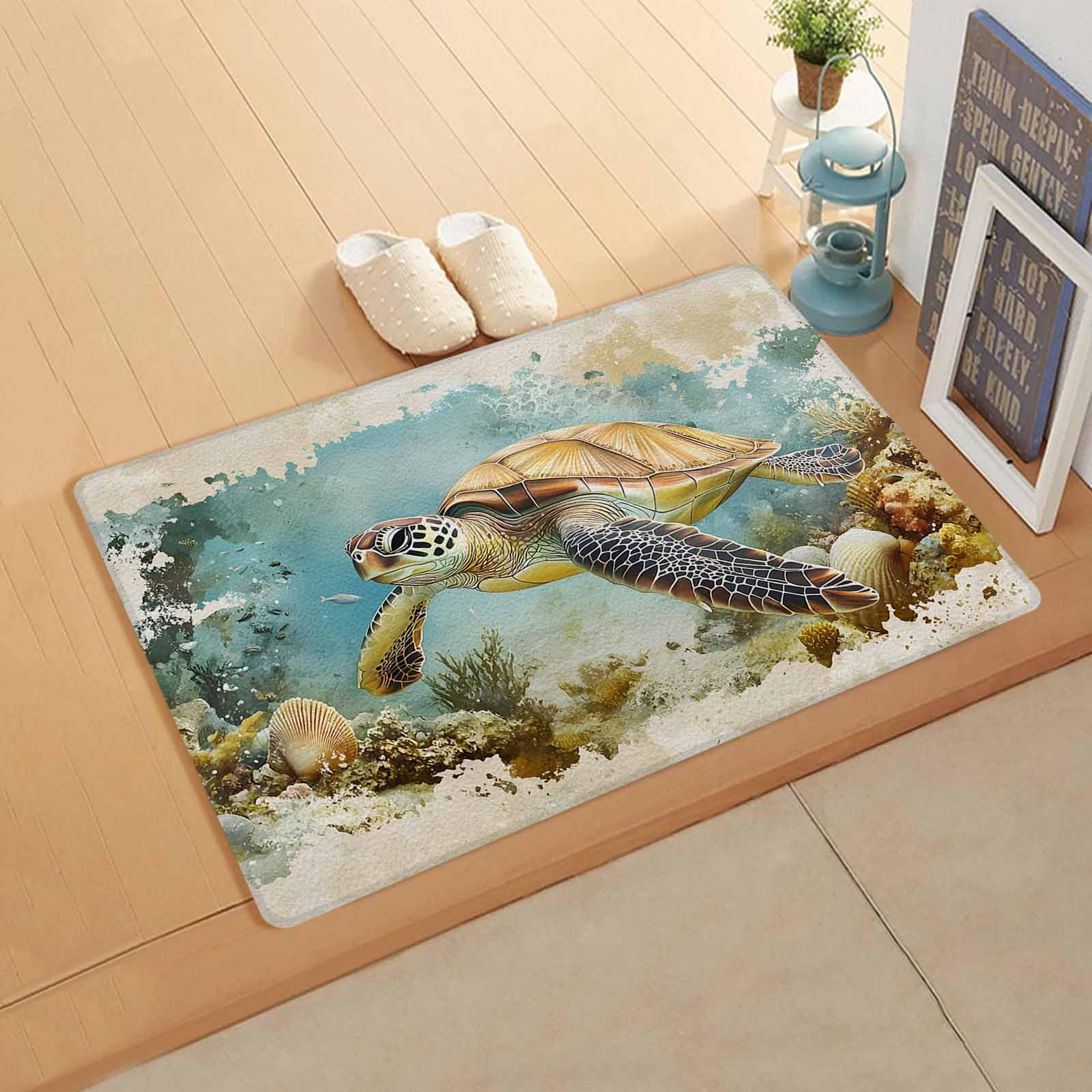 Ocean Turtle Antifatigue Kitchen Bath Door Mat Cushioned Runner Rug,Coastal Coral Illustration Retro Painting Washable Welcome Floor Sink Mat,Waterproof Comfort Standing Doormat for Kitchen 24