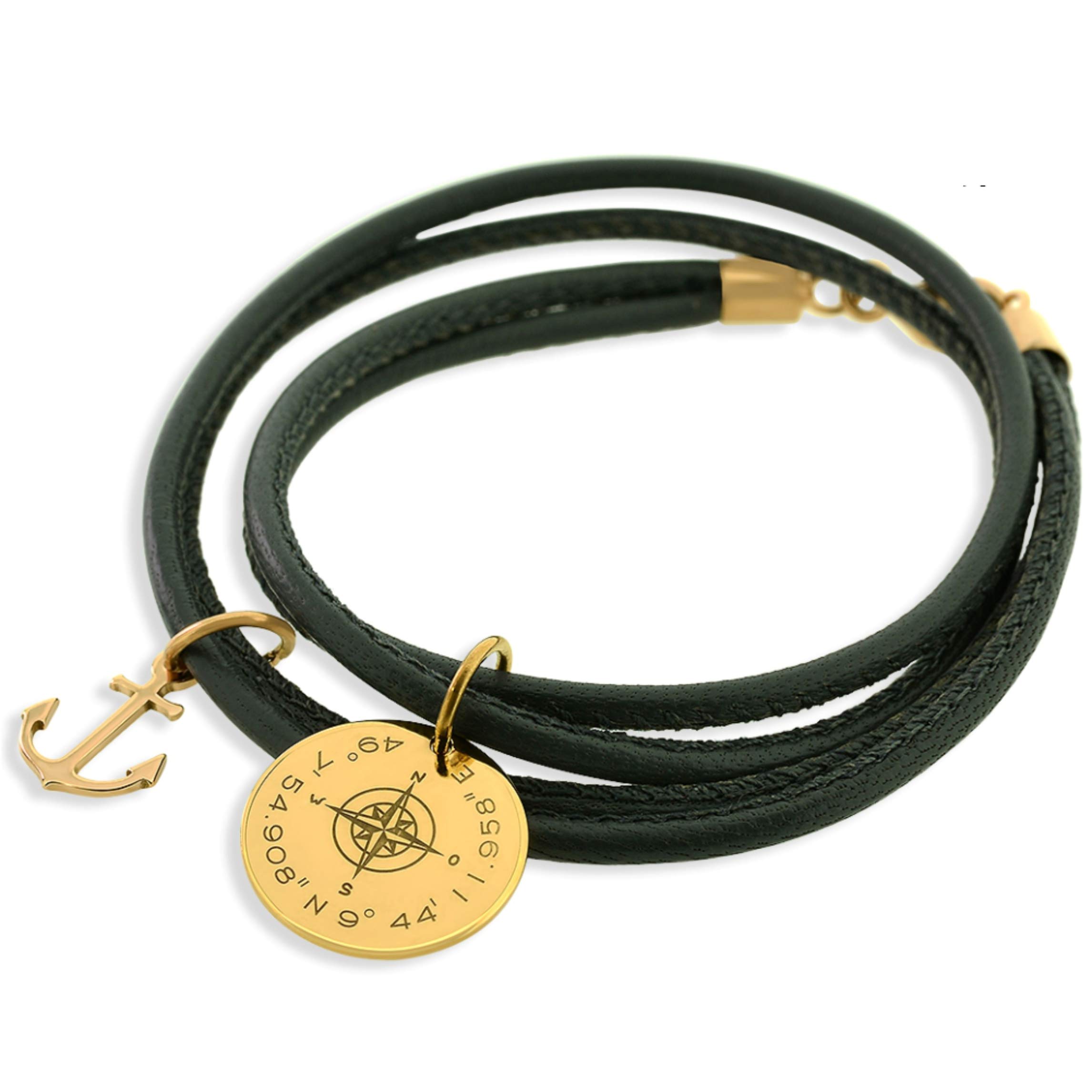 Damenarmband mit Gravur Koordinaten Kompass 925 Silber Gold schwarz braun Armband Namensarmband Mann Schmuck Leder Geschenk Damen Herren | HANDMADE IN GERMANY