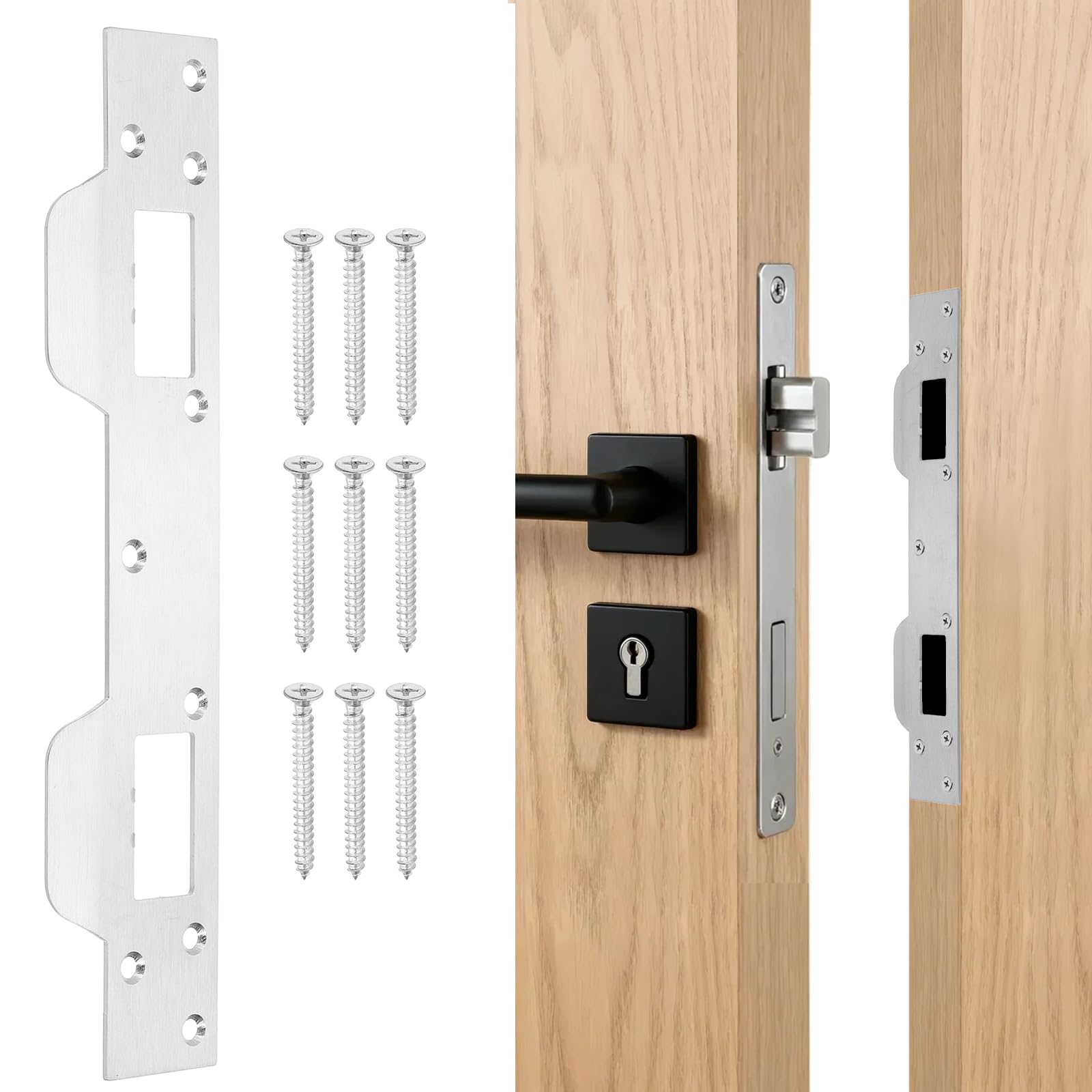 uxcell Door Strike Plate, 11" x 2 5/16" Stainless Steel Security Latch Strike Deadbolt Plates Double Holes Door Backplate with Screws for Interior Doors Exterior Deadbolt (Silver)