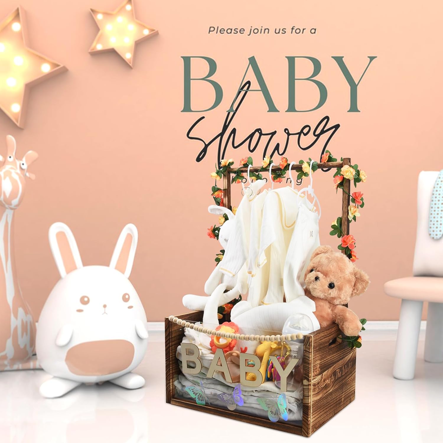 PIIOSER Baby Shower Crate Closet, Multifunctional Wooden & Acrylic Visible Baby Storage Box with Handle, Newborn Welcome Baby Toy Baskets for Boys Girls, Pregnancy Gifts for New Moms (Brown)
