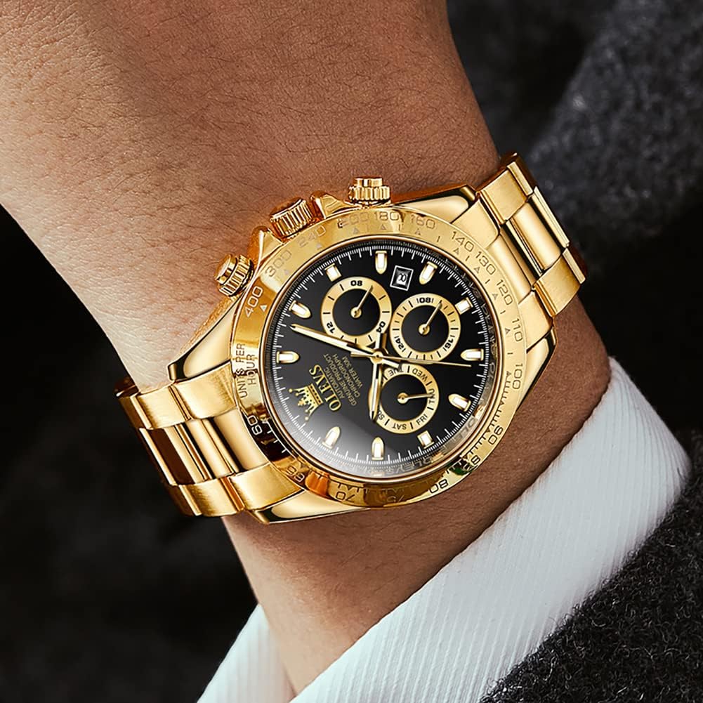 OLEVS Mens Watches Fashion Automatic Luxury Unidirectional Rotating Bezel Upgraded Mechanical Business Wrist Watches for Men Upgrade gold black
