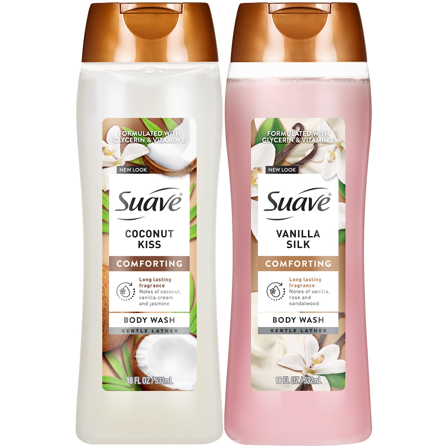 Suave Body Wash Variety 2-Pack, Sweet Vanilla Silk + Coconut Kiss – Gentle Body Washes with Blend Oil Essence, 18 Oz Ea
