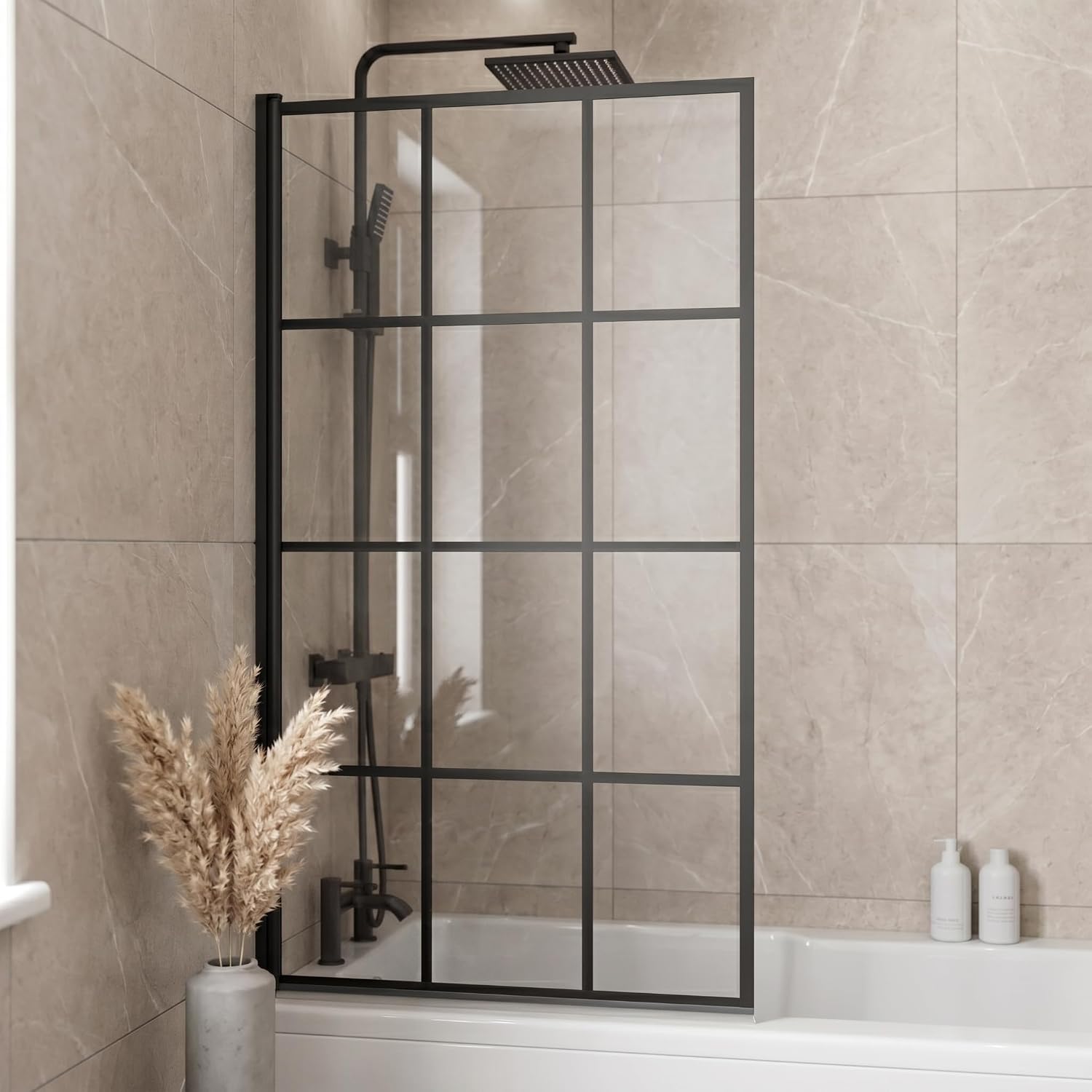 1400 x 800mm Black Square Grid Framed Over Bath Shower Screen for Bathroom 6mm Clear Toughened Safety Glass Panel 180° Pivot Folding Hinged Splash Guard Panels & Screens for Baths Reversible