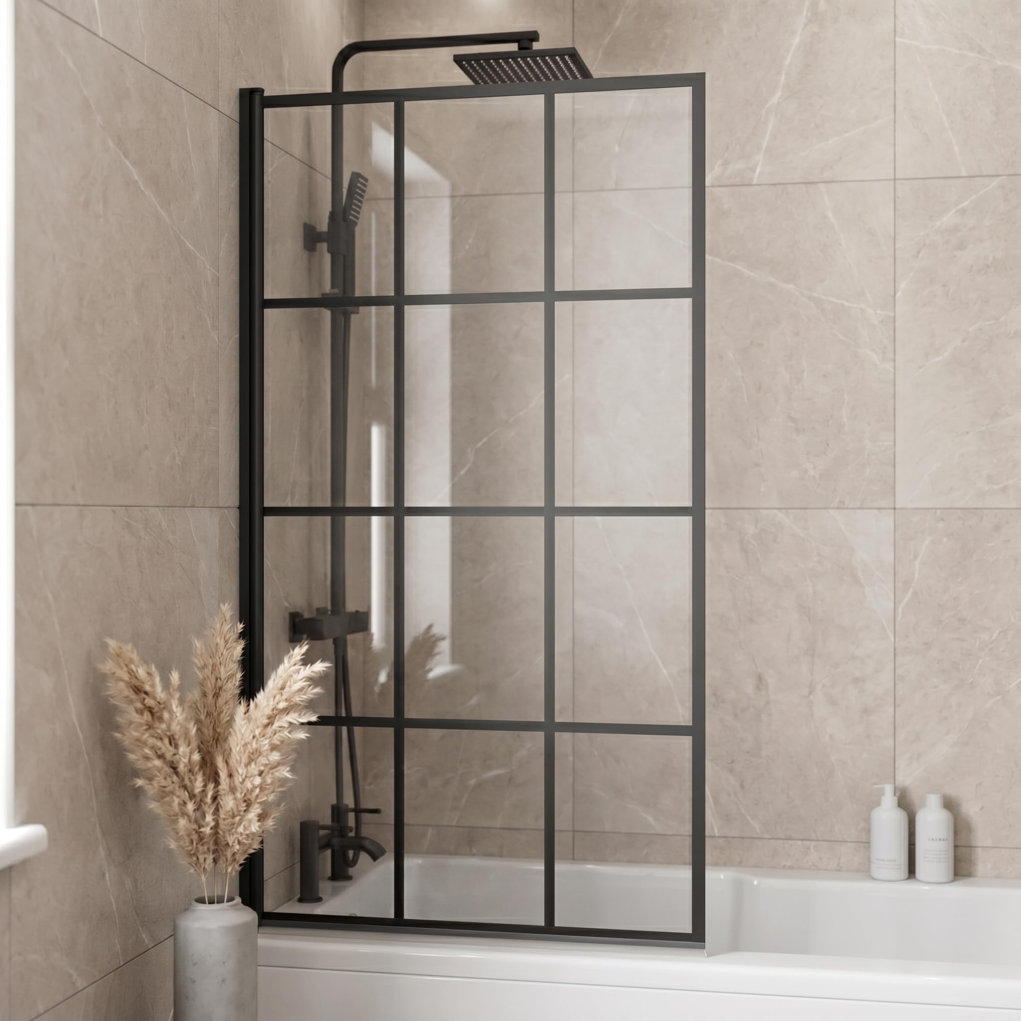 1400 x 800mm Black Square Grid Framed Over Bath Shower Screen for Bathroom 6mm Clear Toughened Safety Glass Panel 180ยฐ Pivot Folding Hinged Splash Guard Panels & Screens for Baths Reversible