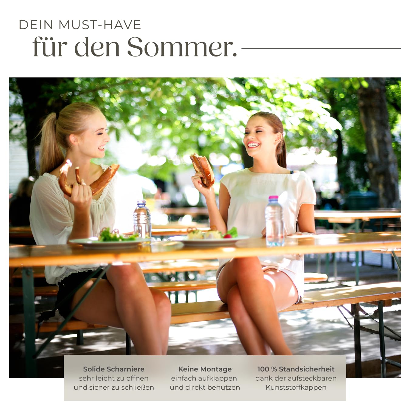 tectake® Bierzeltgarnitur mit Tisch und 2X Bierbank, mit Schirmhalterung und 12 Bodenschoner Bierzeltgarnitur, Balkon Möbel mit 1x Klapptisch und 2X Bierbänke, klappbar, 170 x 46 x 78 cm, lackiert