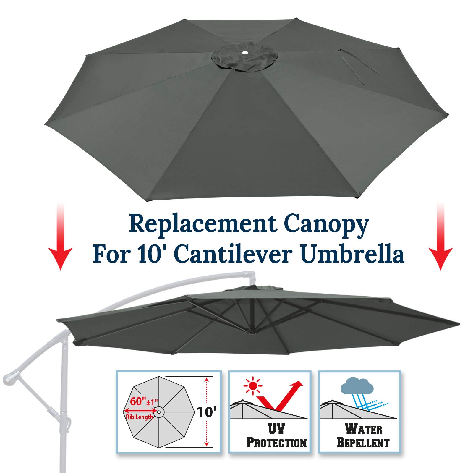 BenefitUSA Replacement Umbrella Canopy for 10ft 8 ribs cantilever hang patio umbrella (Canopy Only) (Grey)
