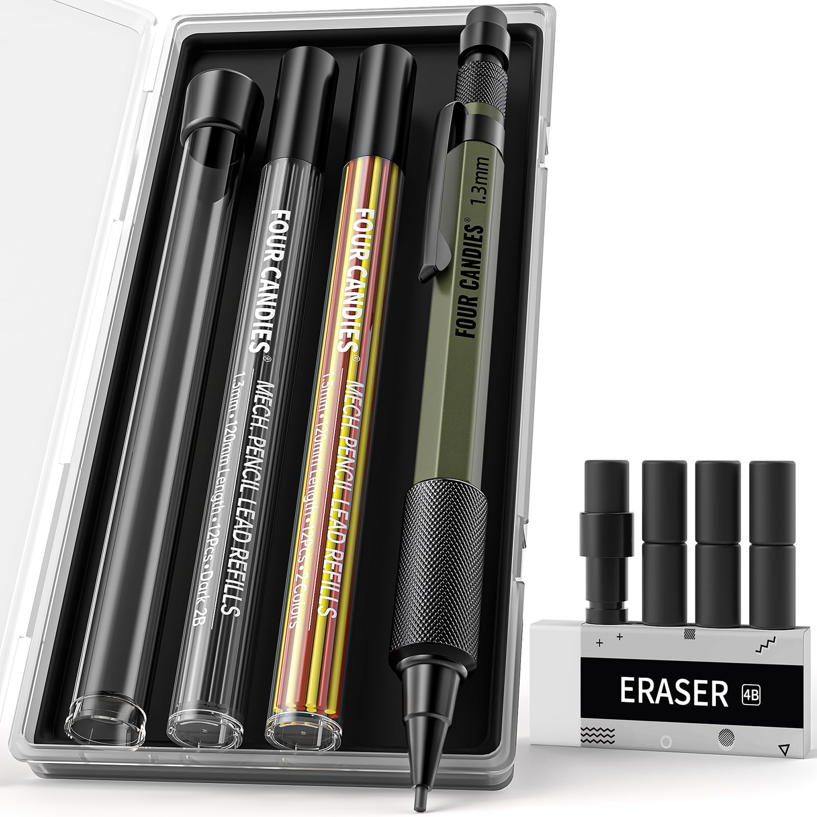 Four Candies 1.3mm Mechanical Pencil Set with 24 Lead Refills, Metal Weatherproof Heavy Duty Outdoor Carpenter Pencil, Eraser, 6 Eraser Refills for Architect Drafting Woodworking Marking with Case