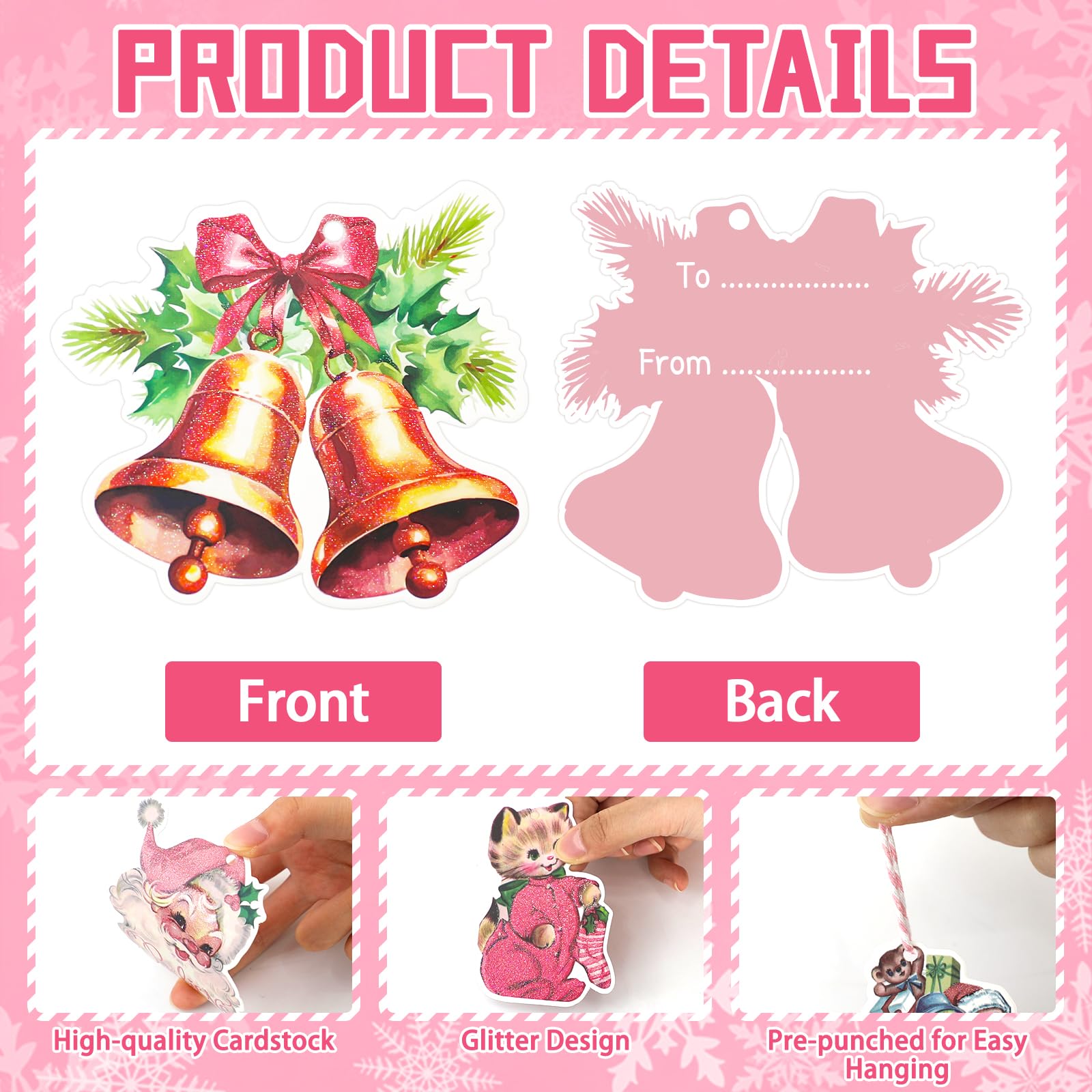 104 Stück rosa Vintage-Weihnachts-Geschenkanhänger, Frohe Weihnachten, Papier-Geschenkanhänger mit Schnur, Weihnachtsanhänger zum Aufhängen, Namensschilder für Weihnachtsbaum, Winterurlaub