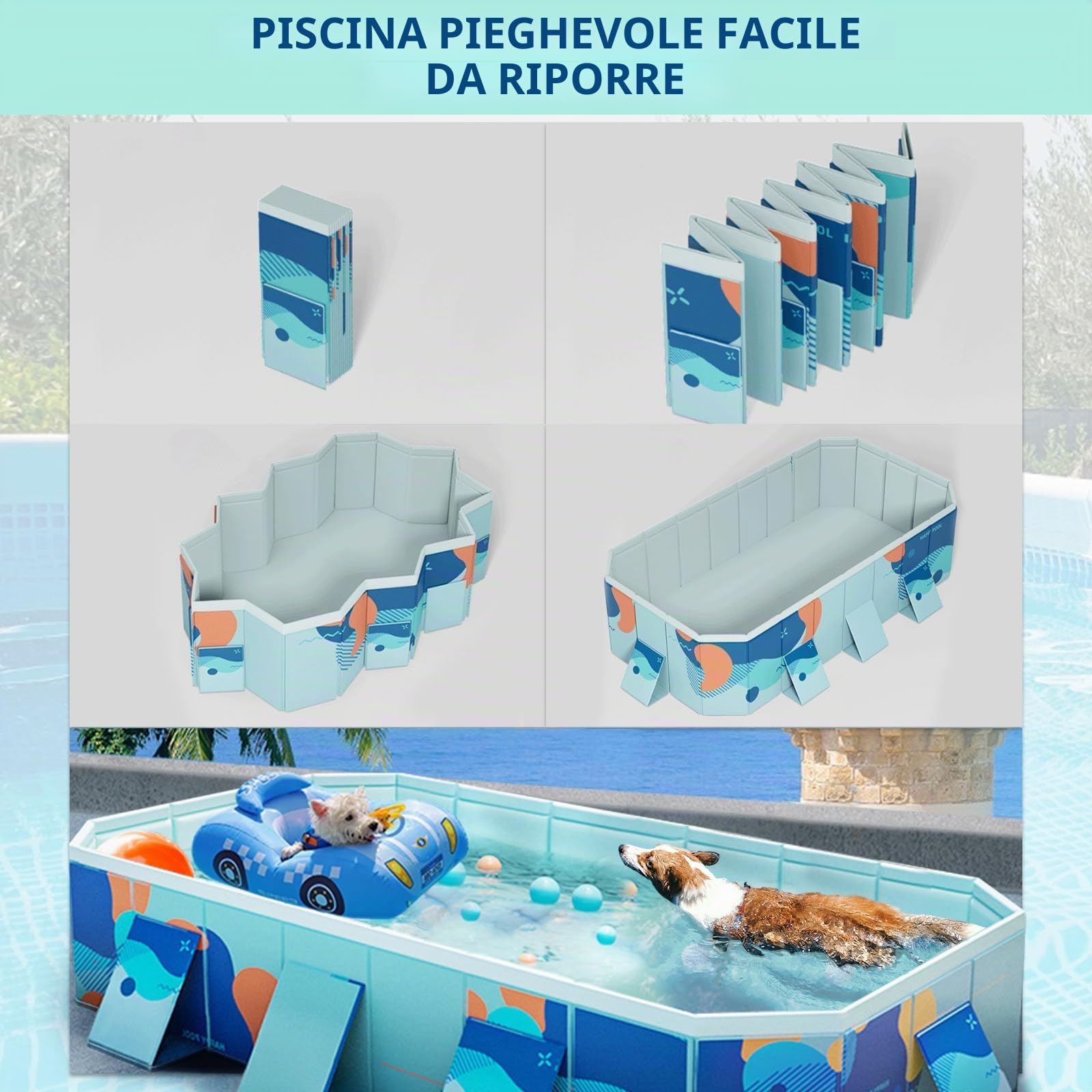Piscina pieghevole per bambini per cani e animali domestici – 2,23 m vasca in PVC resistente per giardino con scarico rapido e fondo antiscivolo, include palline e kit di riparazione