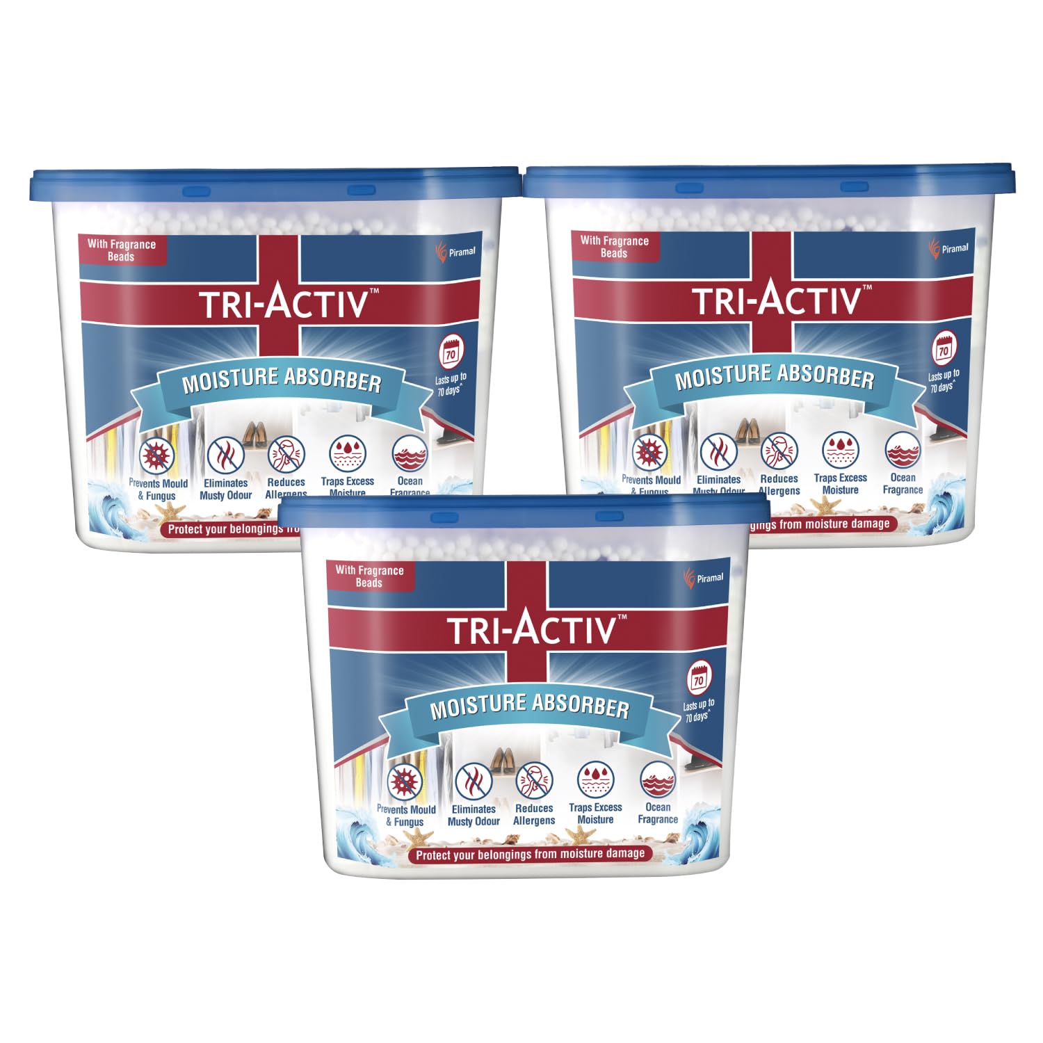 Tri-Activ Moisture Absorber | Absorbs upto 600ml Each | Pack of 3 | Dehumidifier for Room Moisture | Air Freshener & Humidity Absorber for Wardrobe, Toilet & Car | Prevents Mould, Fungus, Odour| Ocean