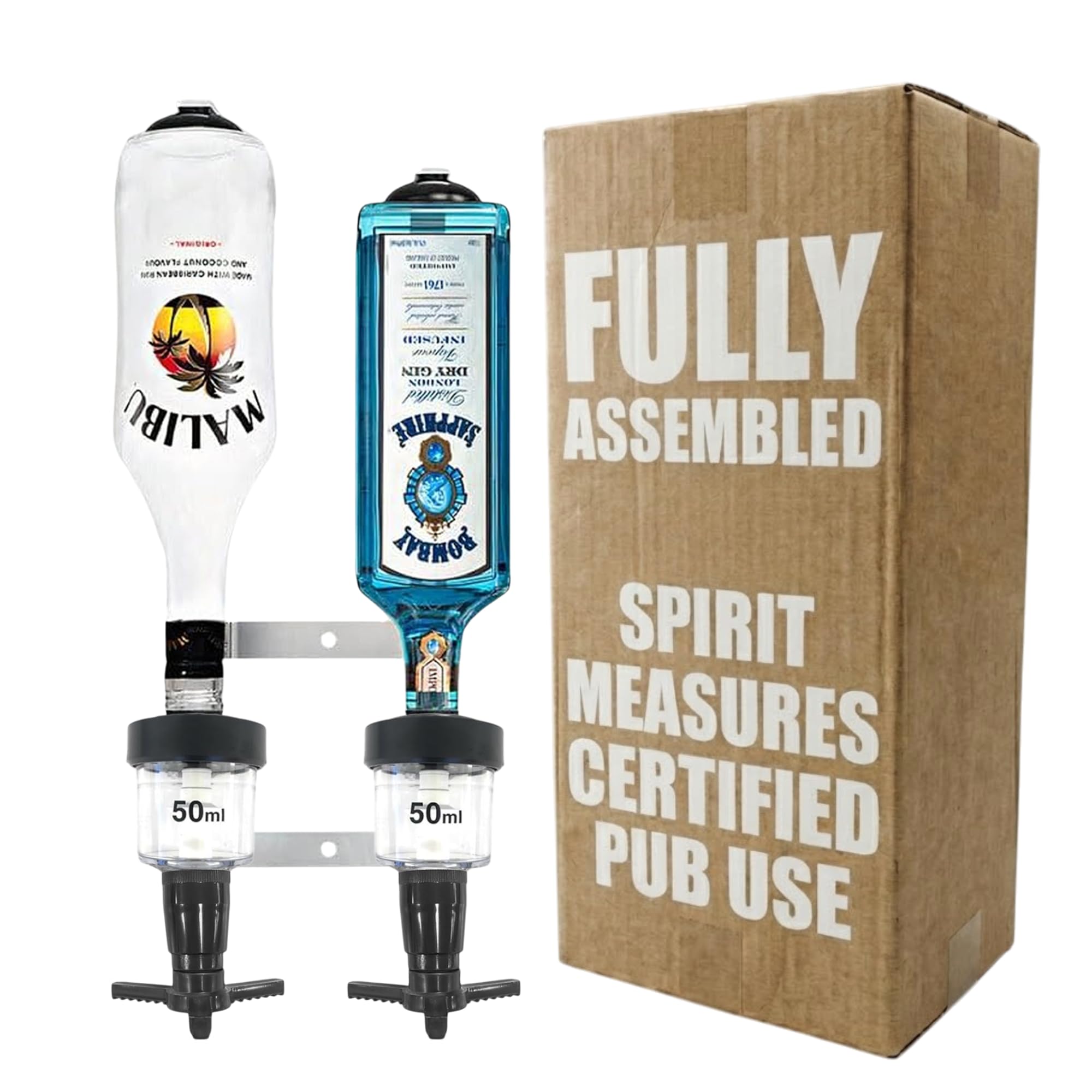 Chabrias Ltd Black 2 Bottle Wall Bar Rail + 50ml Spirit Optic Measure - UK Made, Fully Assembled Metal Bracket & Pub Trade Compliant, Traditional Black, Fits 70cl–1.5L Bottles