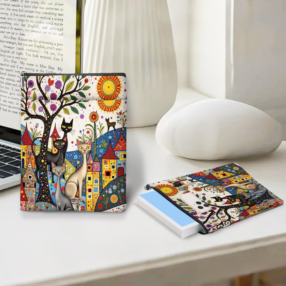 Pop Art Cat Book Sleeve, Book Lovers Gifts Sleeve with Zipper & Front Pocket, 11.5x8.8 Inch Canvas Books Cover Protector Bookish Cat Lover Gifts for Readers Women Friend Birthday Gift — view 3