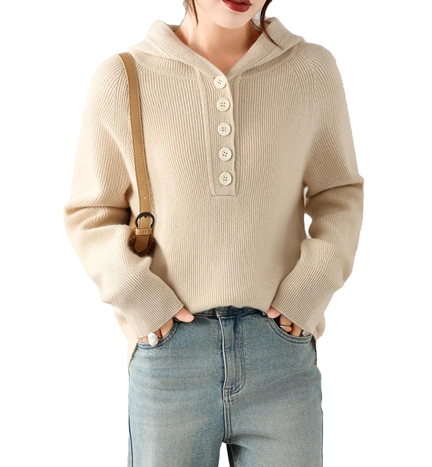 Yeuyyben Maglione da donna in cashmere, a maniche lunghe, con bottoni, invernale, caldo, lavorato a maglia, beige, Beige, L