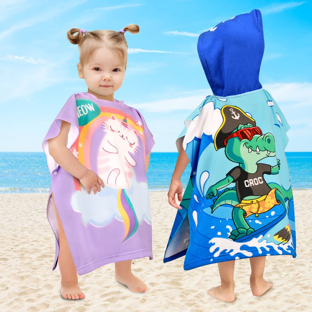 Poncho de Bain Enfant Crocodile Serviette de Bain Serviette de Plage Fille Cape de Bain Garcon Super Absorbant Séchage Rapide Poncho à Capuche Poncho de Surf Sortie de Bain pour Bébé 2-6 Ans