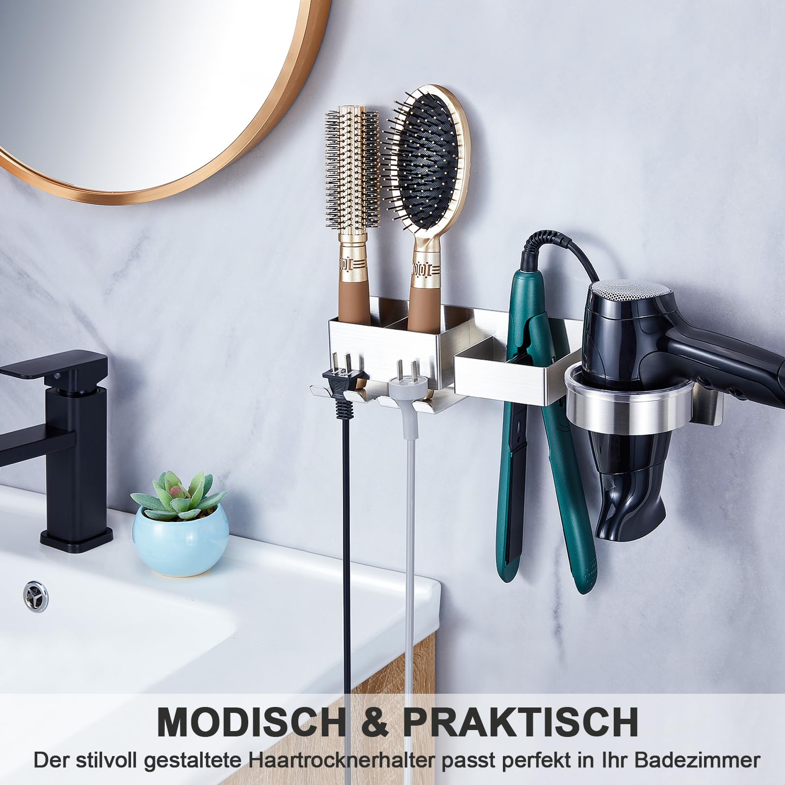Support Sèche-Cheveux Mural Sans Perçage - Acier Inoxydable Pour Lisseur, Fer à Friser - Adhésif 3M