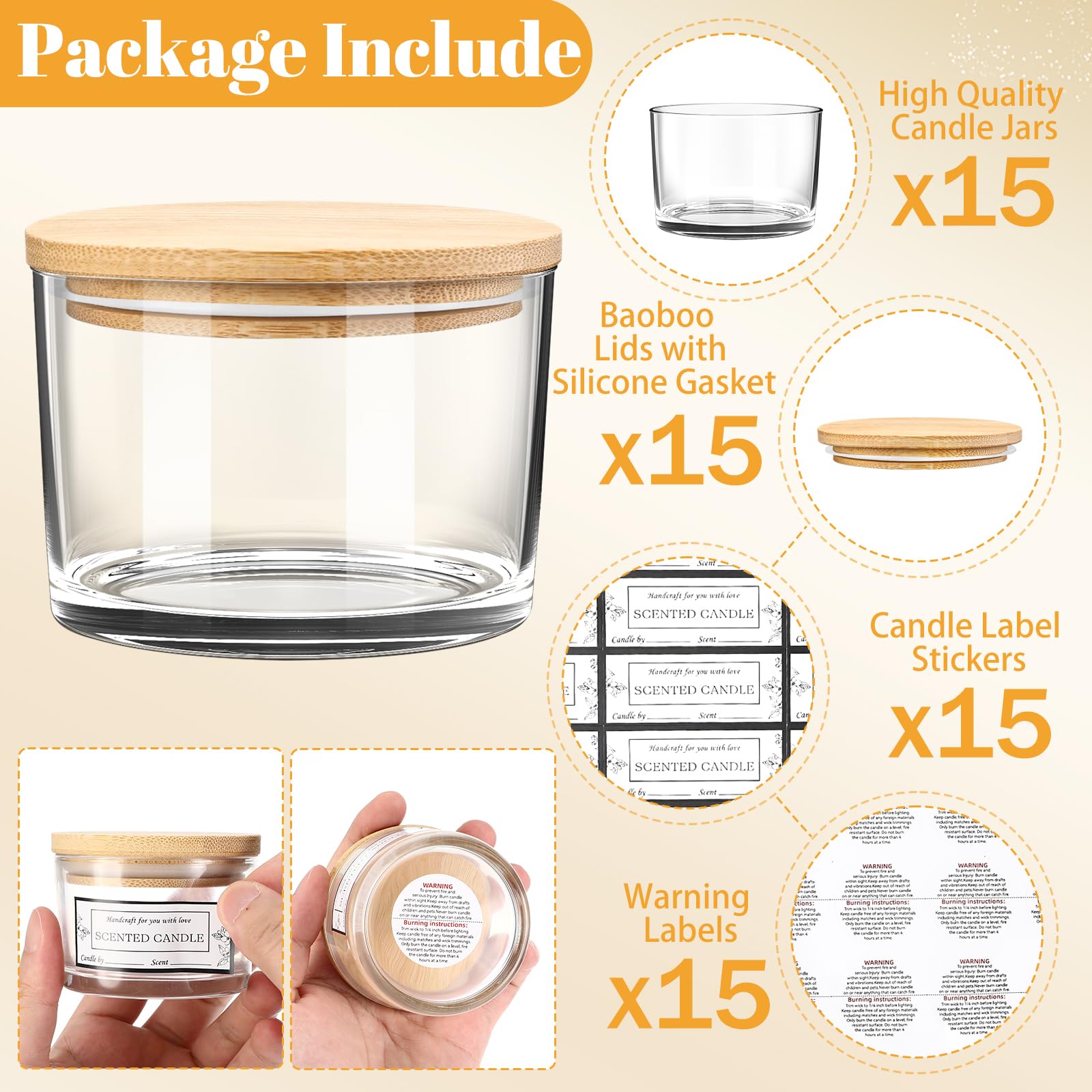 Lot de 15 Pots à Bougies Vides Pots à Bougies En Verre Transparent Contenant Bougie Transparent Jolies Étiquettes D'avertissement Adhésives pour La Fabrication de Bougies Avec Couvercles Hermétiques