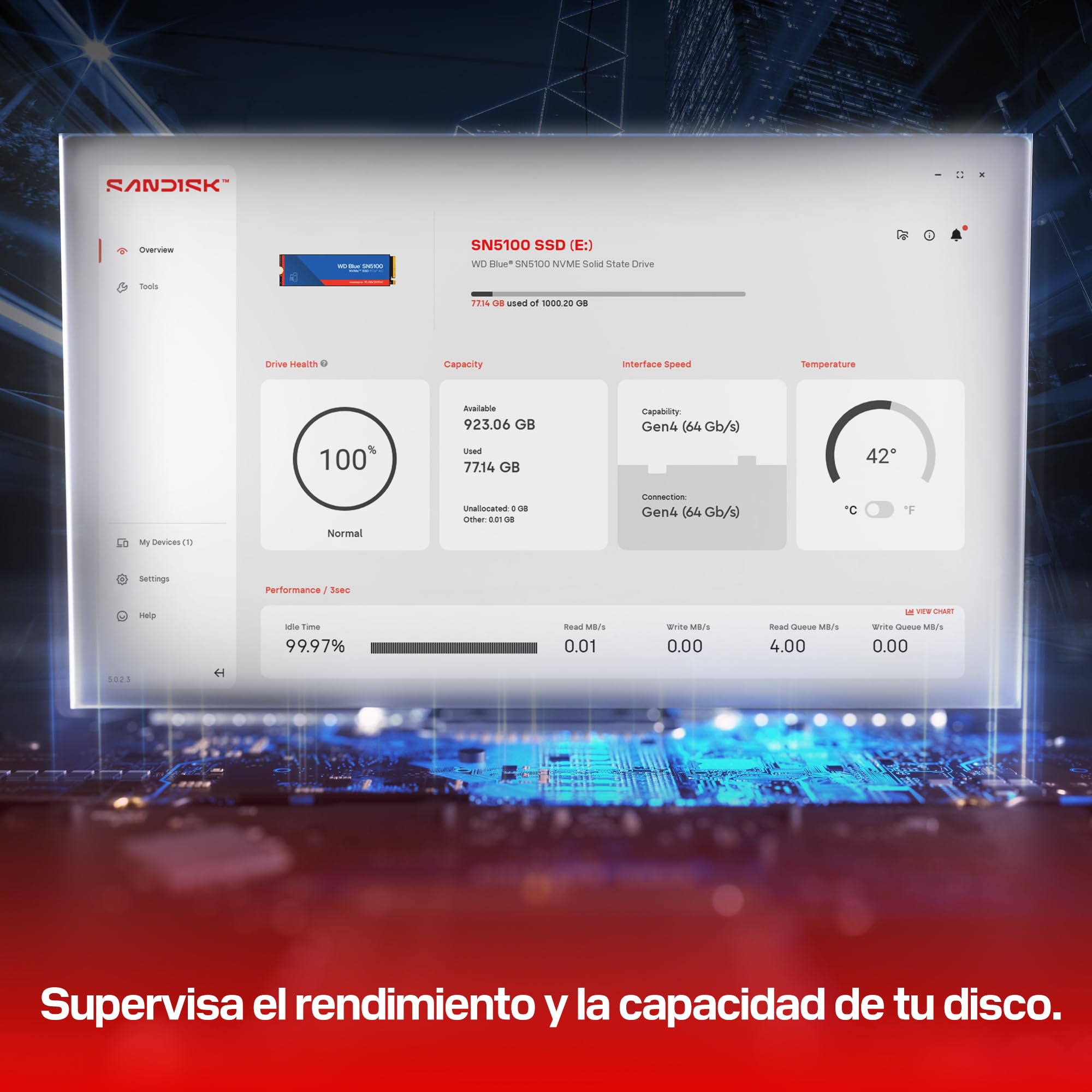 WD Blue SN5100 500 GB NVMe SSD (hasta 6600 MB/s de Velocidad de Lectura, M.2 2280, PCIe Gen 4.0, nCache 4.0, Tecnología Sandisk 3D CBA NAND, Acronis True Image)