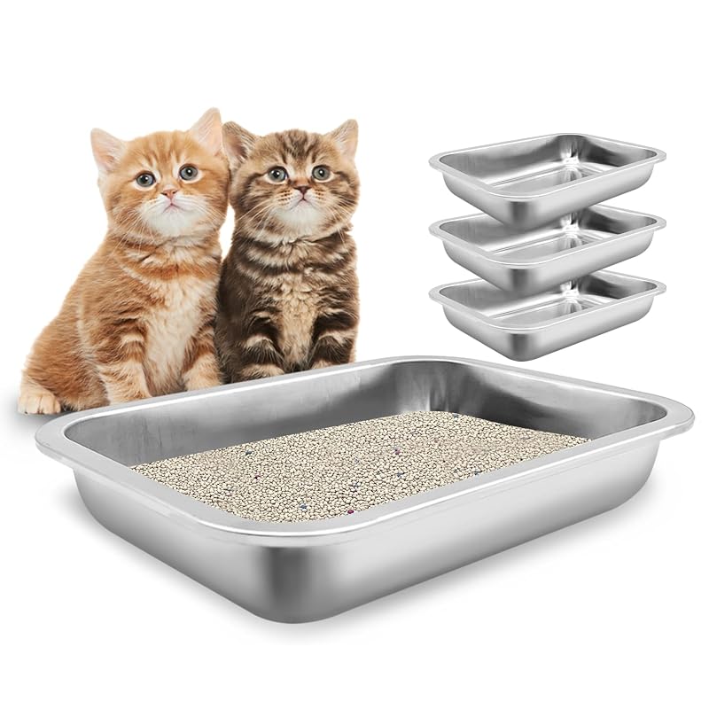 Caixa de areia aberta para gatos filhotes em aço inoxidável Fhiny, entrada baixa, Silver, pacote com 4