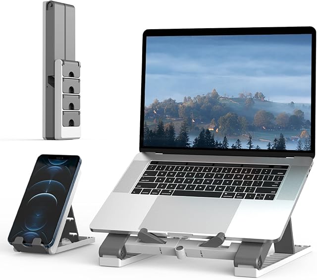 Klearlook Portable 2 in 1 Laptop Stand with Phone Stand - Adjustable Laptop Stand and Phone Stand for Desk,Ventilated Foldable Laptop Holder, Desktop Notebook Computer Riser for All Laptops (11-17'')
